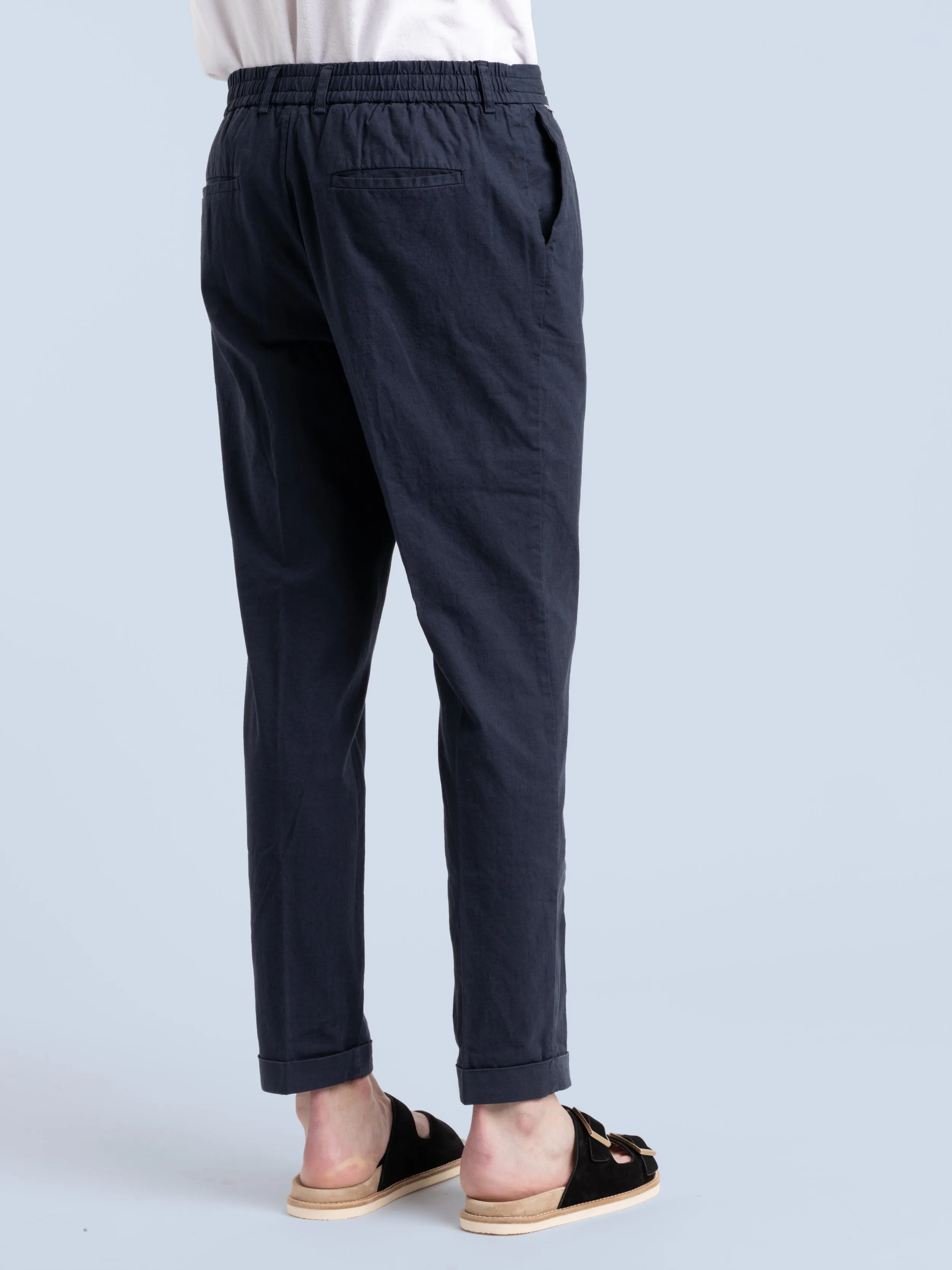 Navy Linen-Cotton Drawstring Trouser