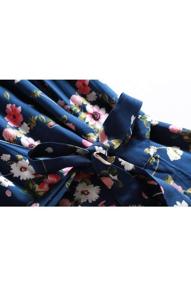 Navy Shawl Collared Wrap Dress with Pink Anemone and White Daisy Flowers and Pockets