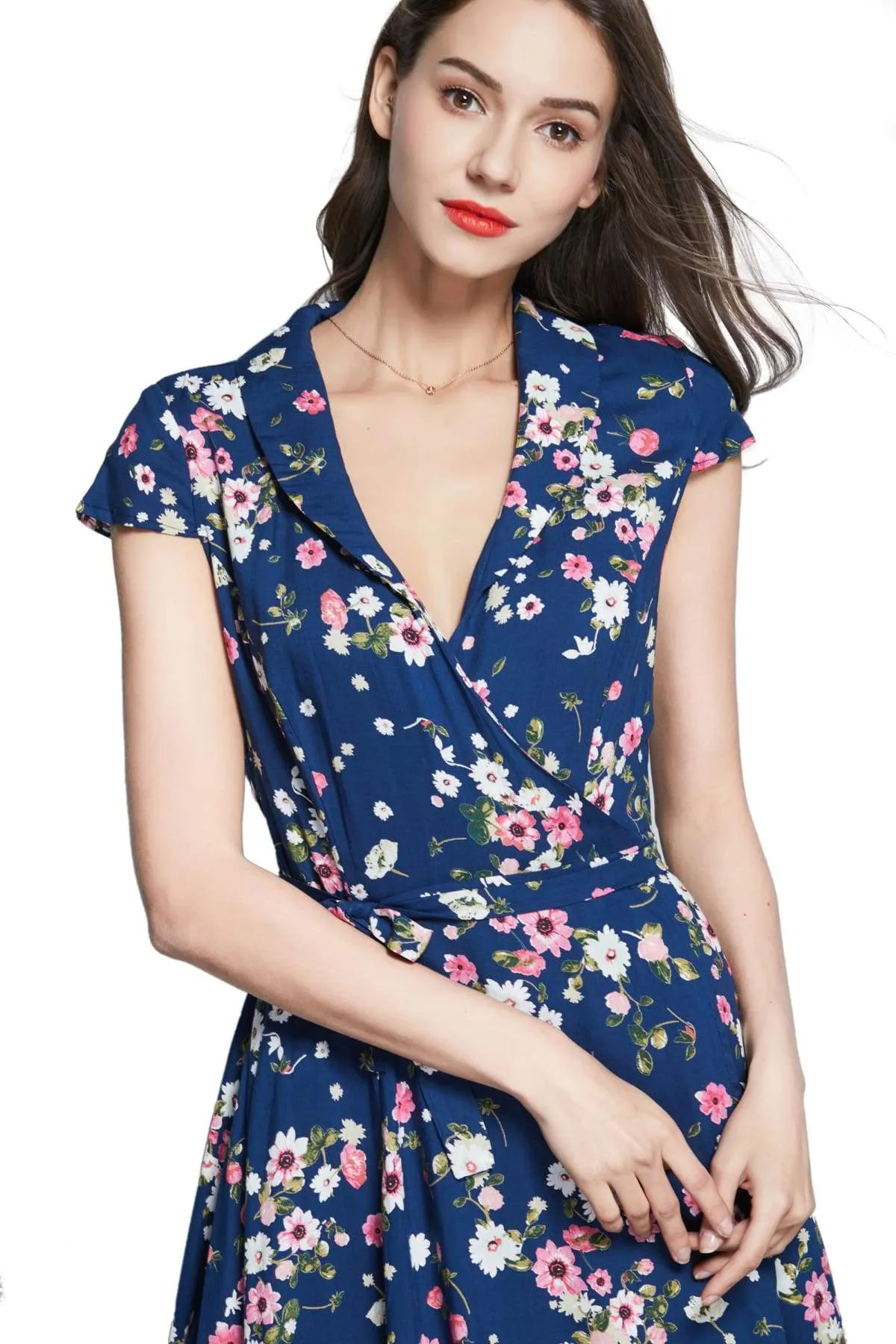 Navy Shawl Collared Wrap Dress with Pink Anemone and White Daisy Flowers and Pockets