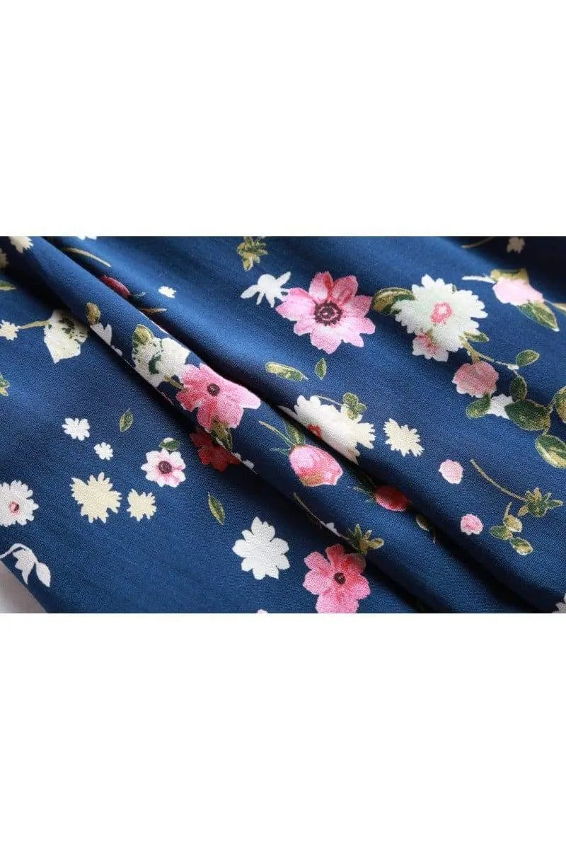 Navy Shawl Collared Wrap Dress with Pink Anemone and White Daisy Flowers and Pockets