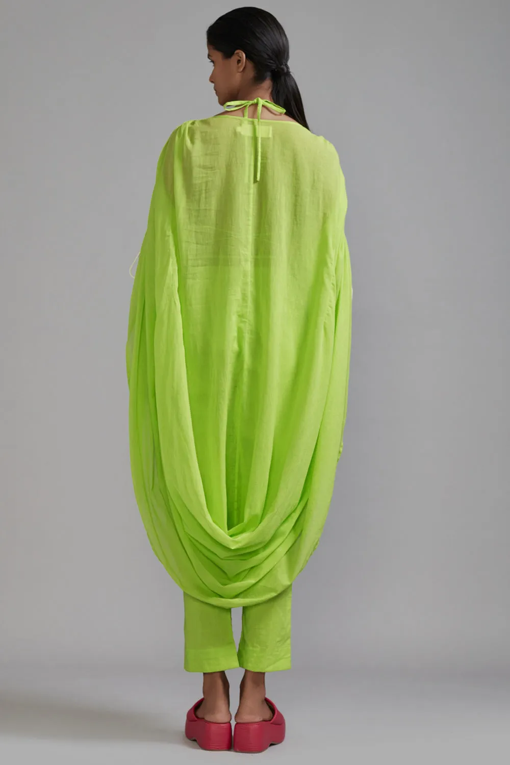 Neon Green Cotton Gathered Cowl Tunic Set