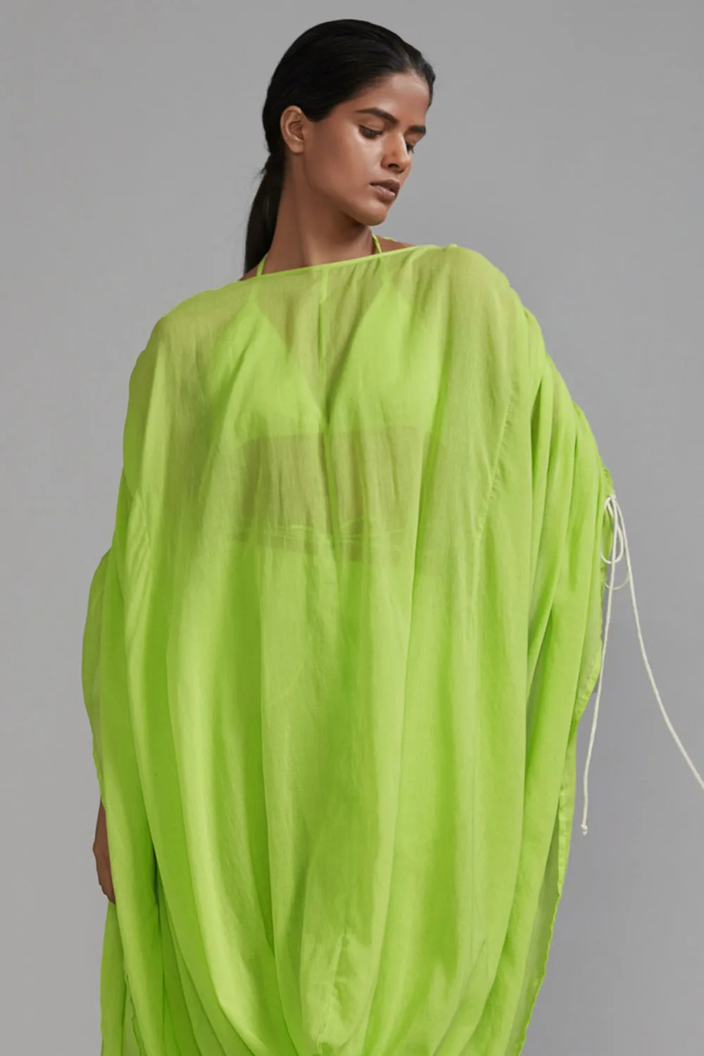 Neon Green Cotton Gathered Cowl Tunic