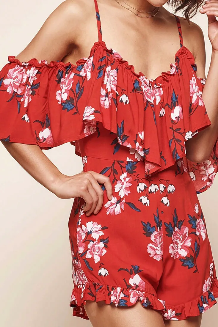 Peony Cold Shoulder Floral Romper Red