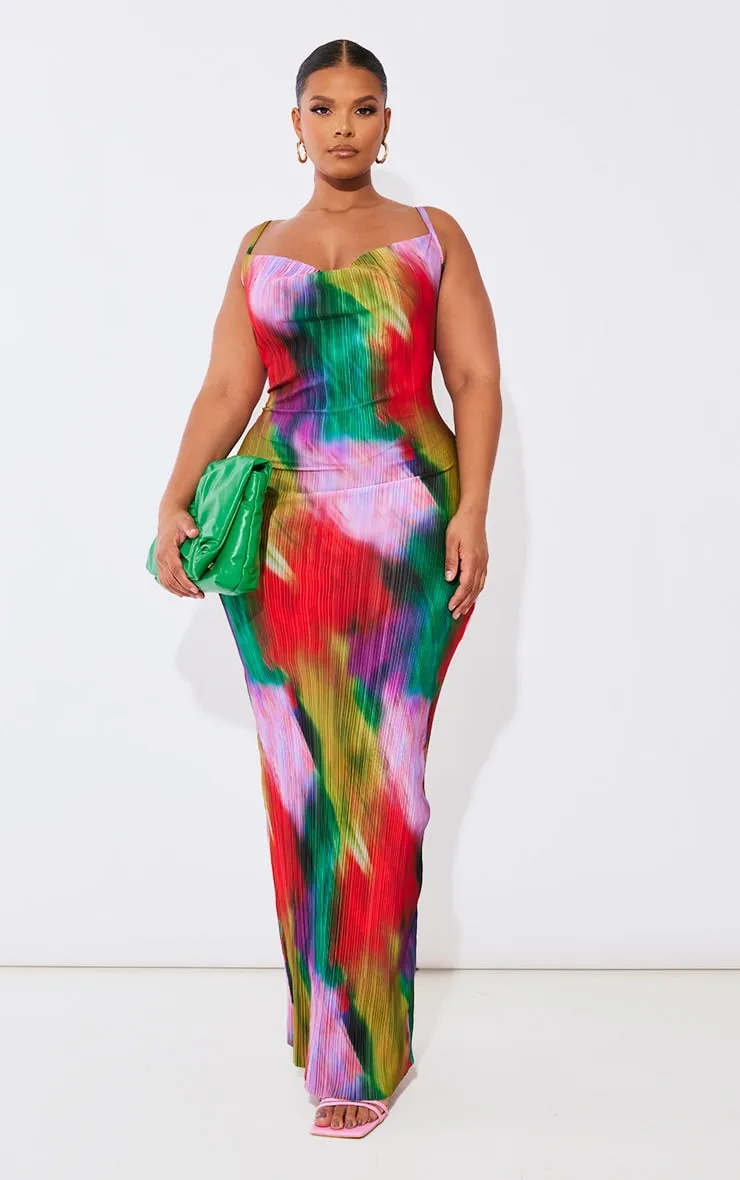 Plus Multi Printed Plisse Cowl Neck Maxi Dress