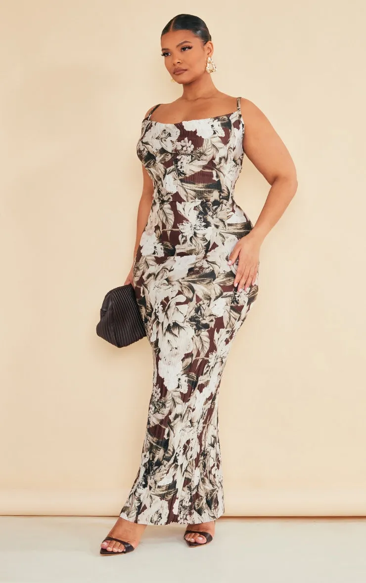 Plus Multi Printed Plisse Cowl Neck Maxi Dress