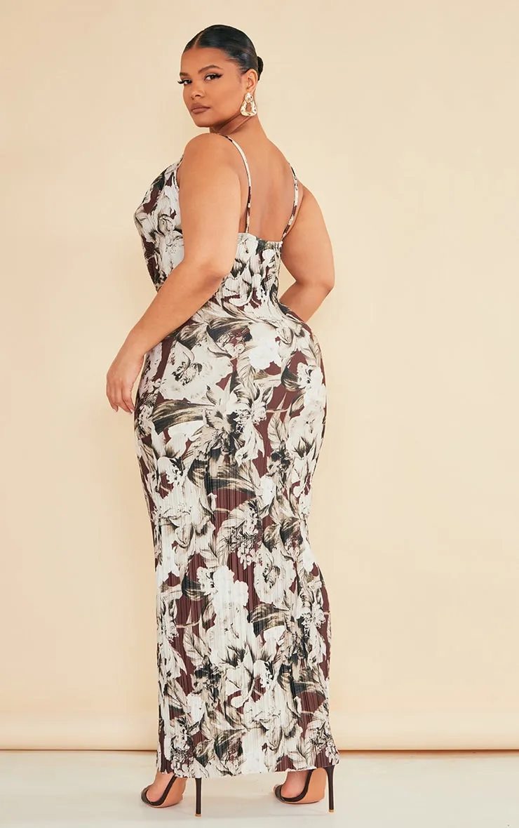 Plus Multi Printed Plisse Cowl Neck Maxi Dress