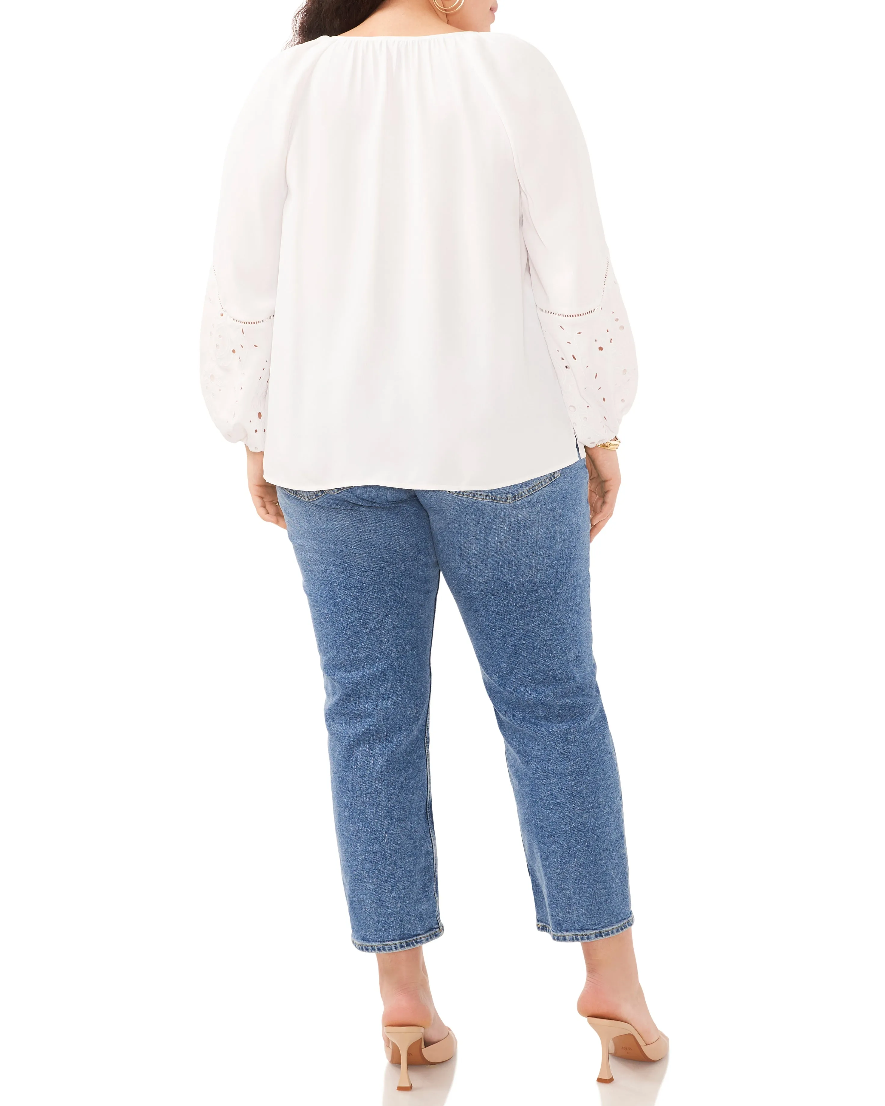 Plus-Size Embroidered-Sleeve Split Neck Blouse