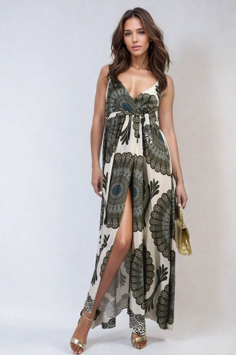 Printed Boho Maxi Dress with Front Slit