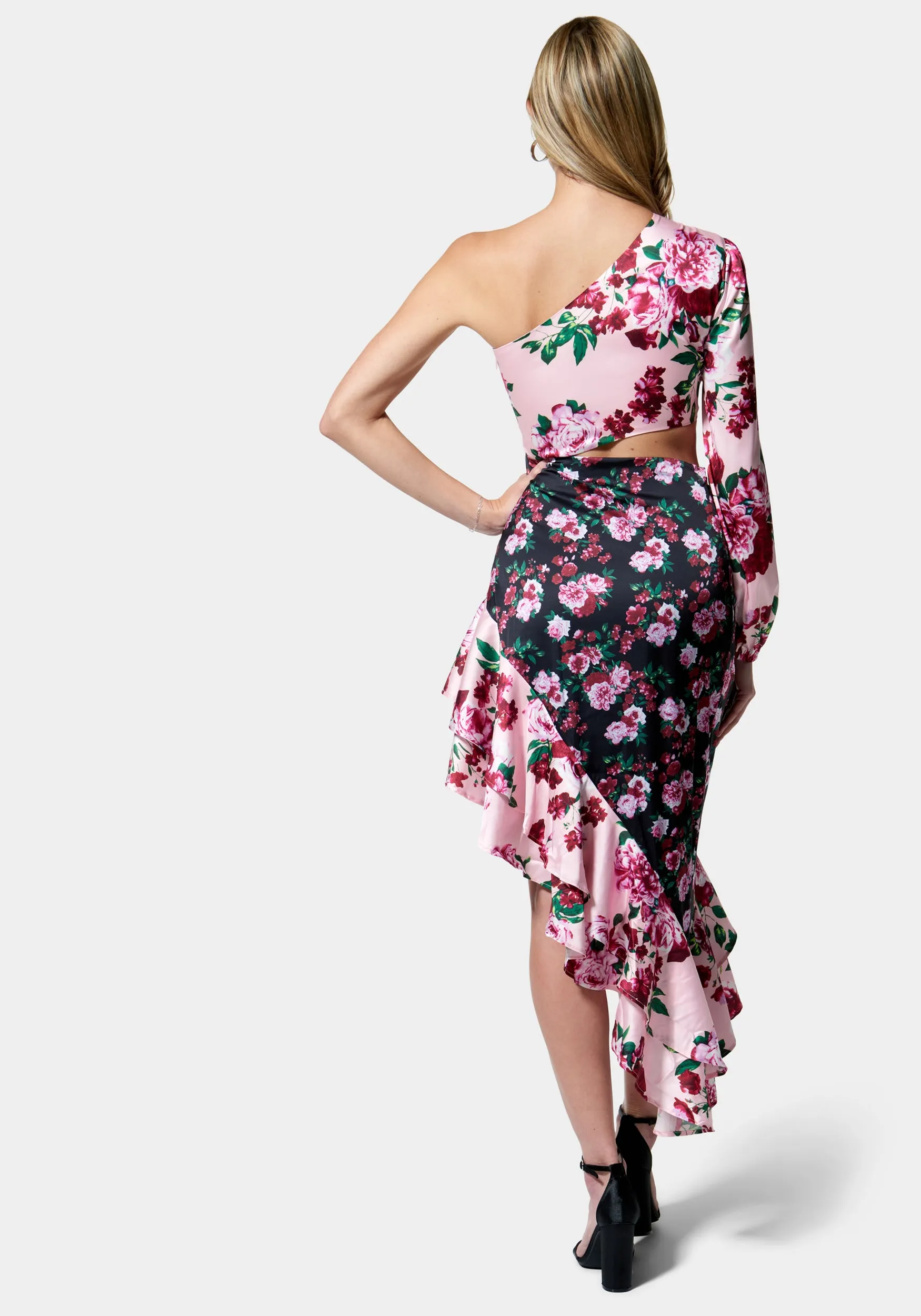 Printed One Shoulder Asymmetrical Ruffle Dress