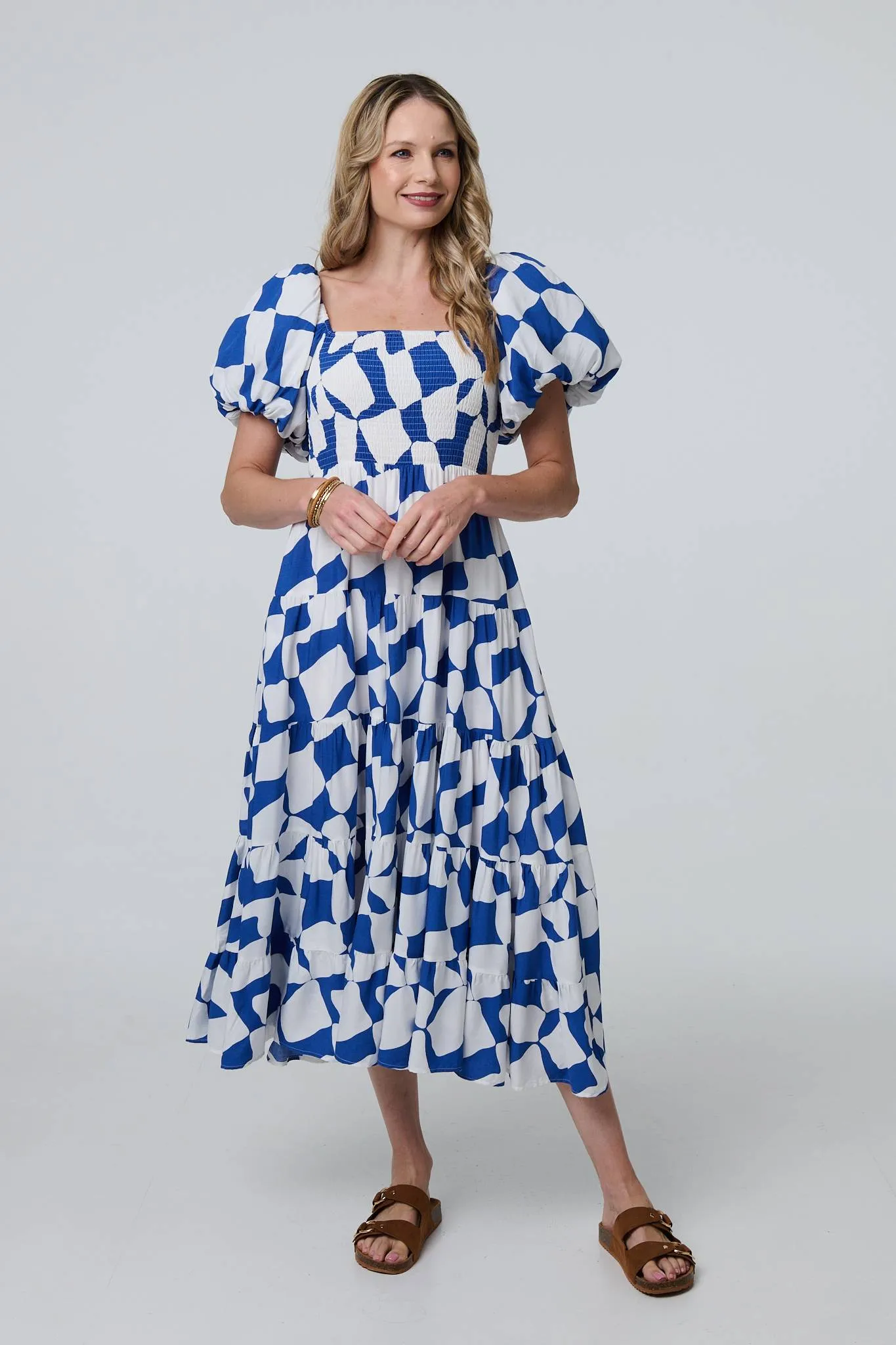 Printed Puff Sleeve Bardot Smock Midi Dress