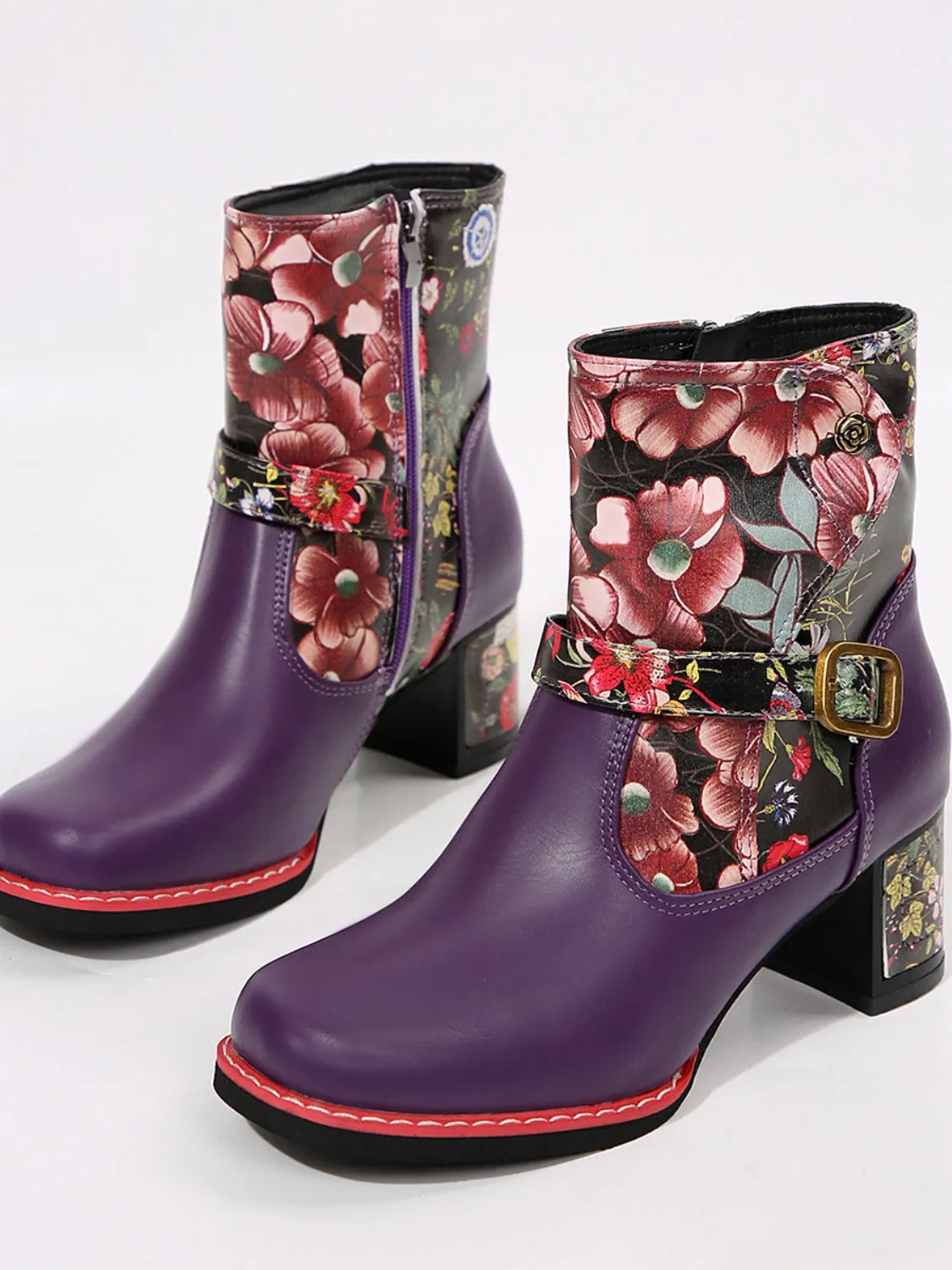 PU Leather Flower Block Heel Boots