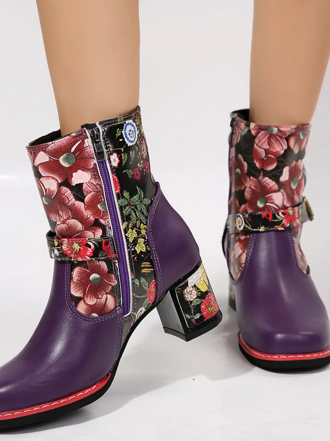 PU Leather Flower Block Heel Boots