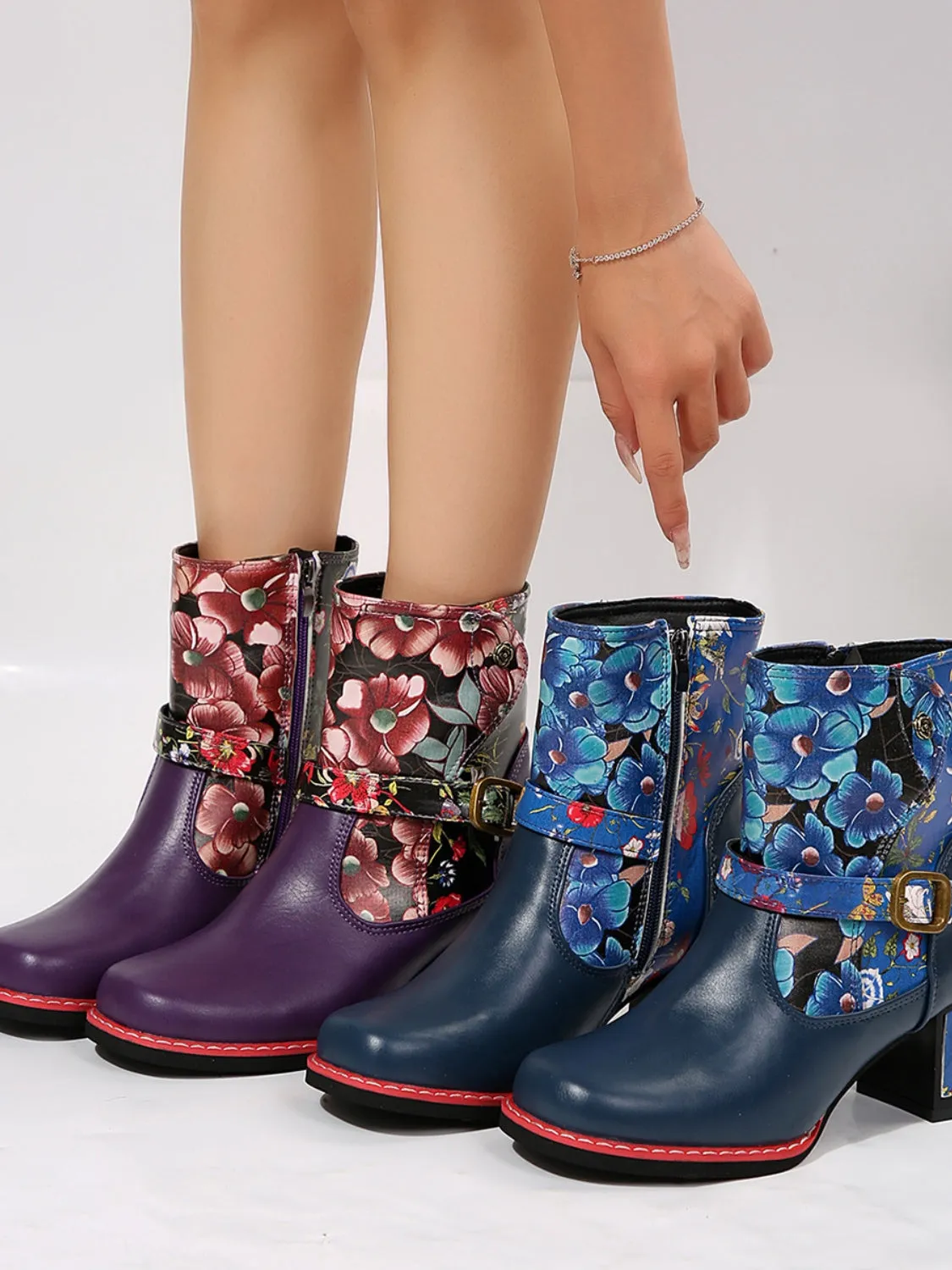 PU Leather Flower Block Heel Boots