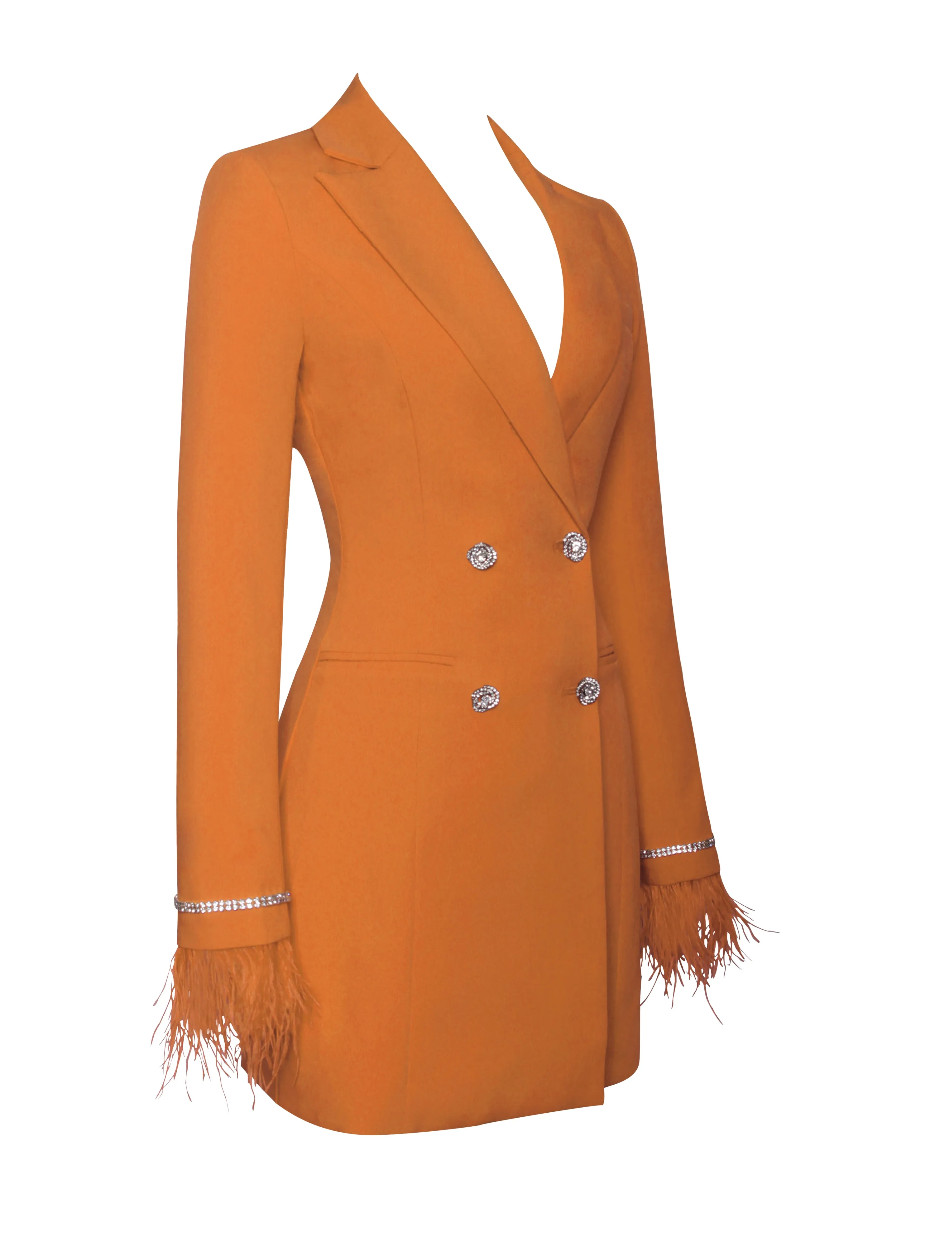 Quilla Orange Feather Crystal Sleeve Backless Blazer Dress