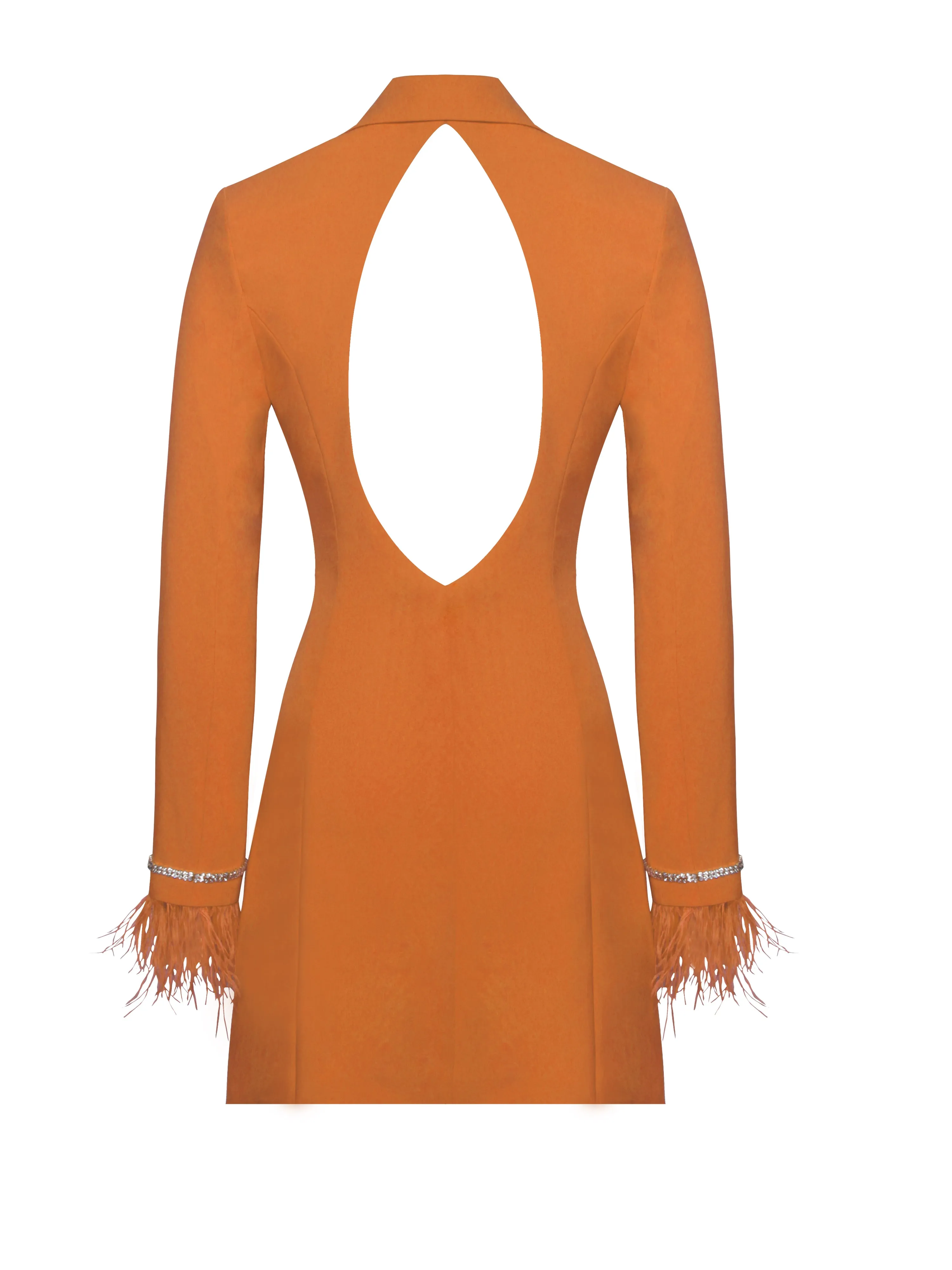 Quilla Orange Feather Crystal Sleeve Backless Blazer Dress