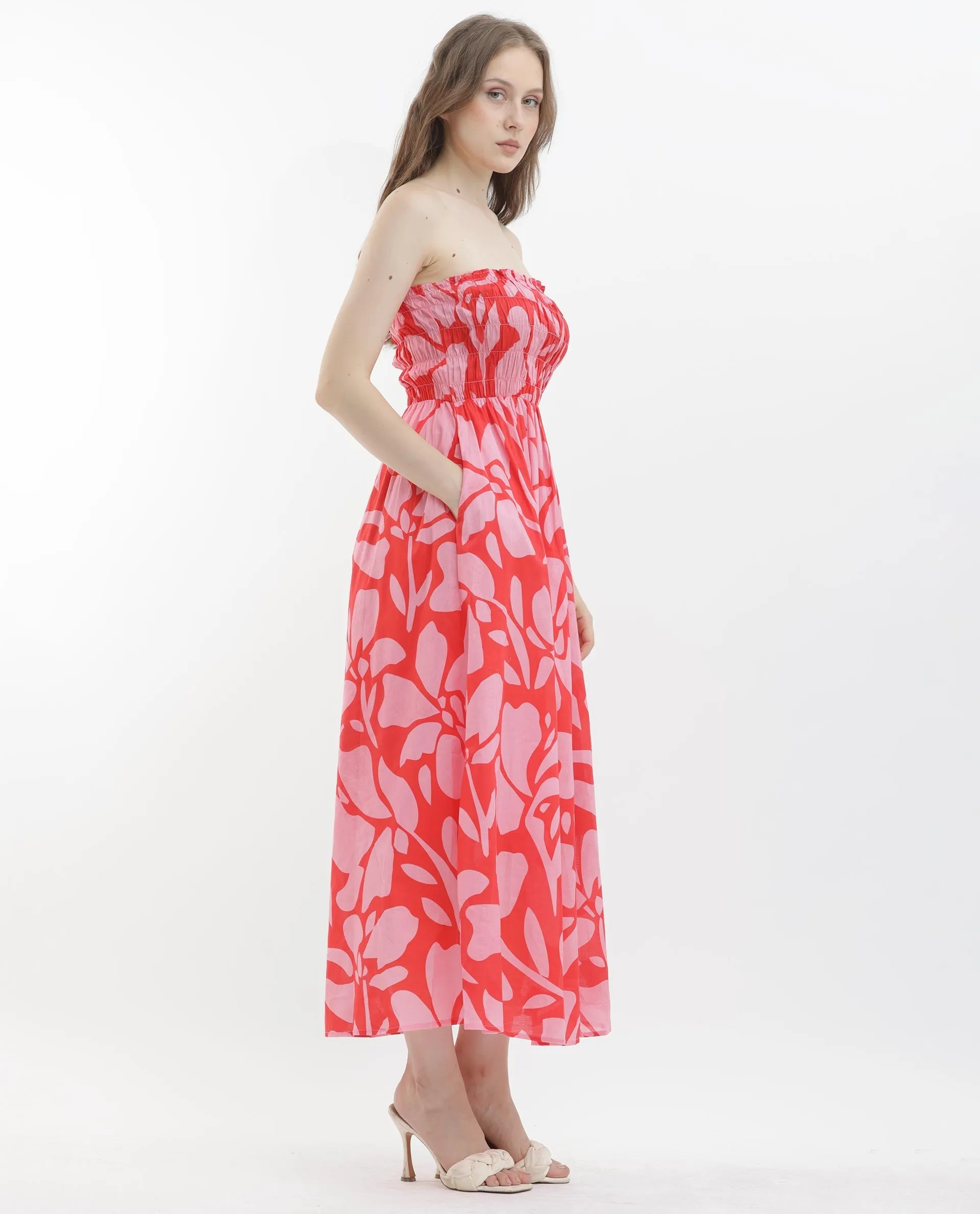 Rareism Women Vanka Red Cotton Fabric Sleeveless Tube Neck Shoulder Straps Fit And Flare Floral Print Maxi Dress