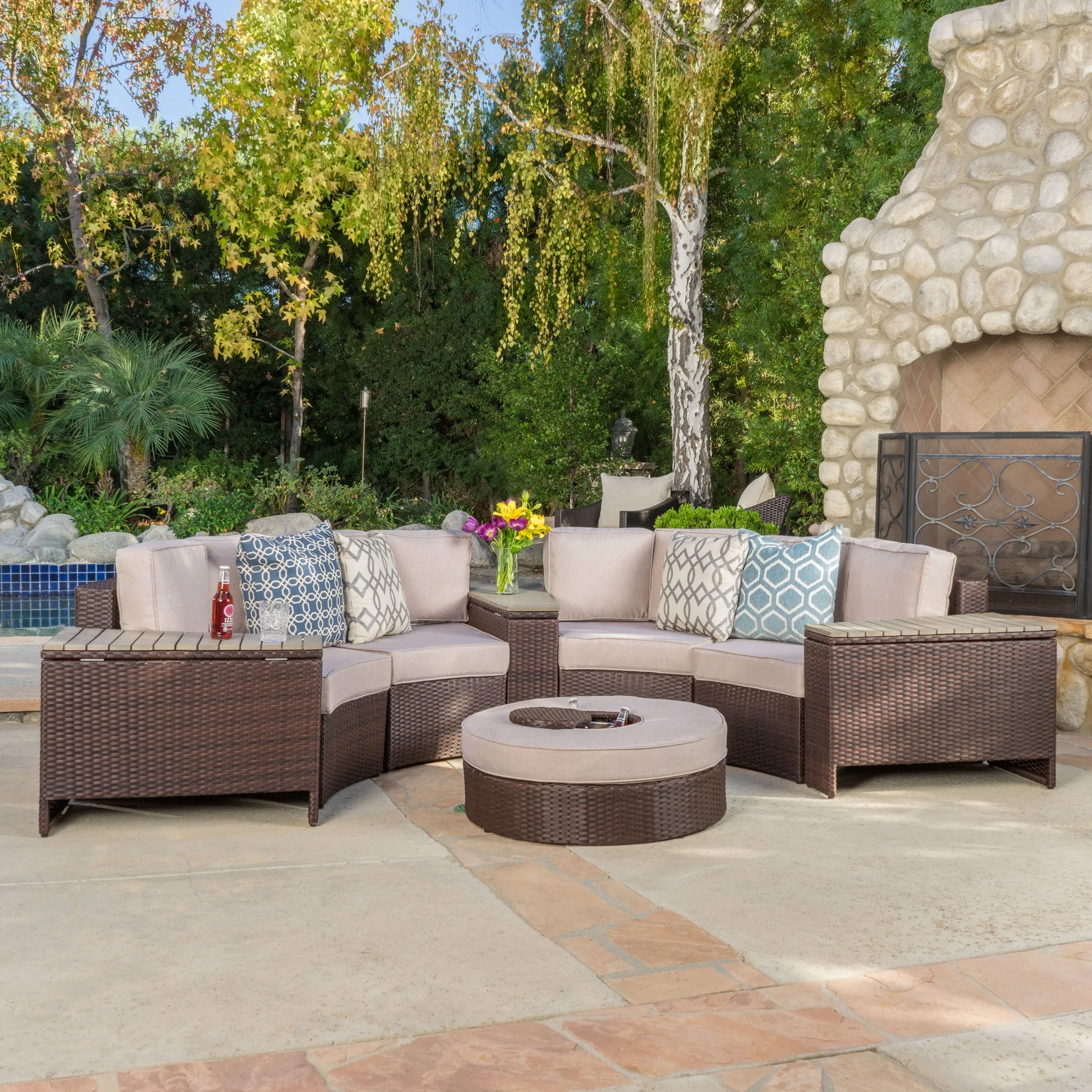 Riviera 8pc Outdoor Sectional Sofa Set w/ Storage Trunks & Ice Bucket