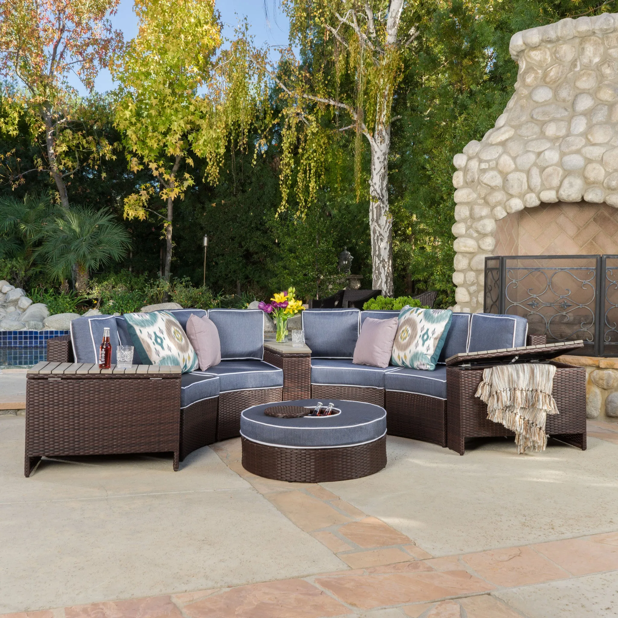 Riviera 8pc Outdoor Sectional Sofa Set w/ Storage Trunks & Ice Bucket