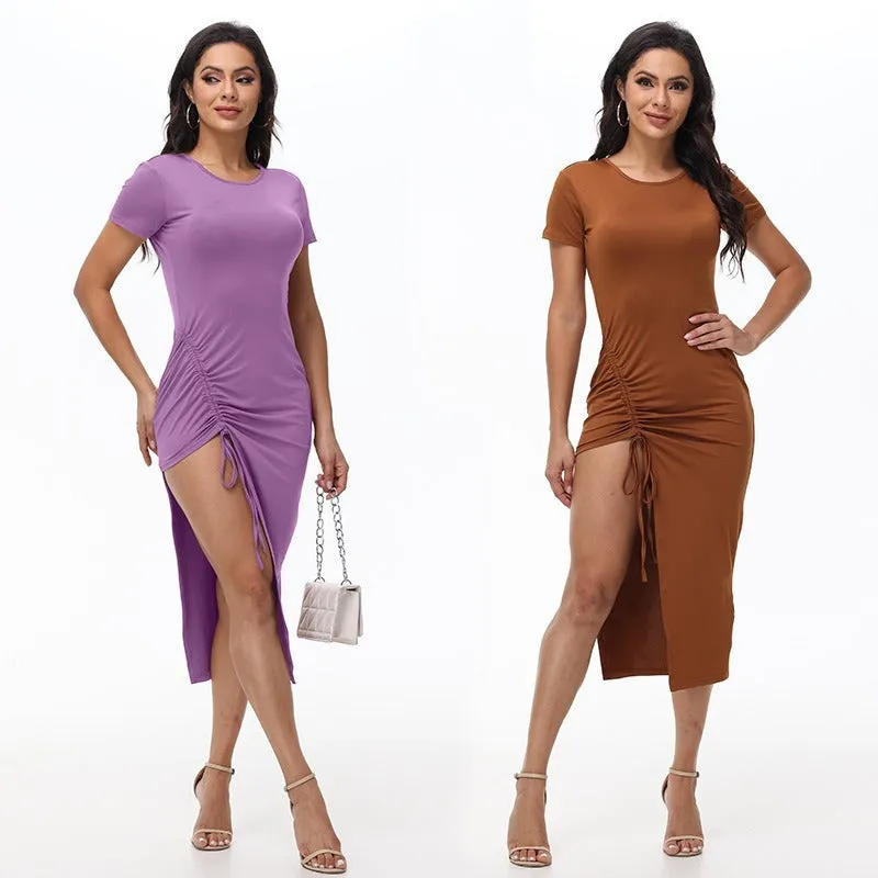 Ruched Side-Slit Bodycon Midi Dress – Perfect for Dates