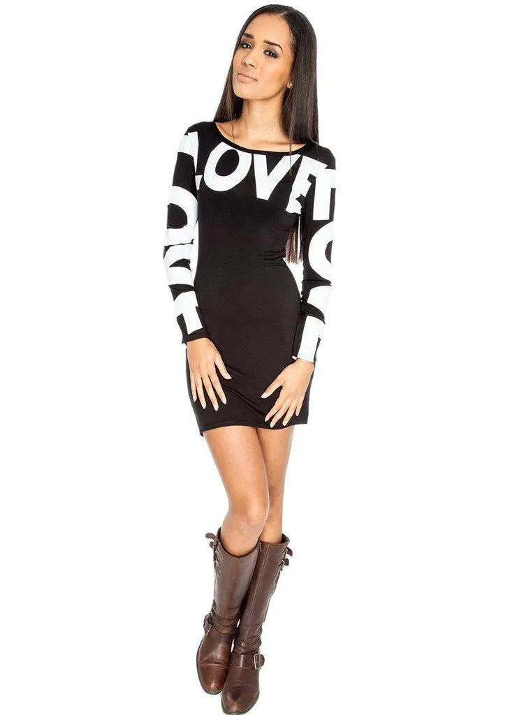 Sexy " Love Motiff " Long Sleeve T-shirt Dress.Size M/L Fits UK 10/12