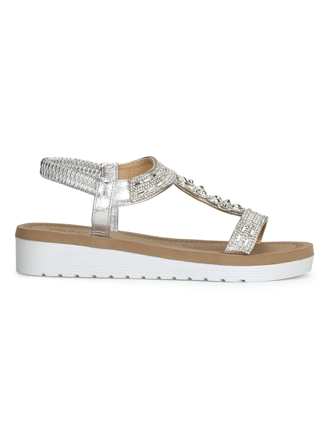 Silver Met Diamante Platform Slip-On Sandals