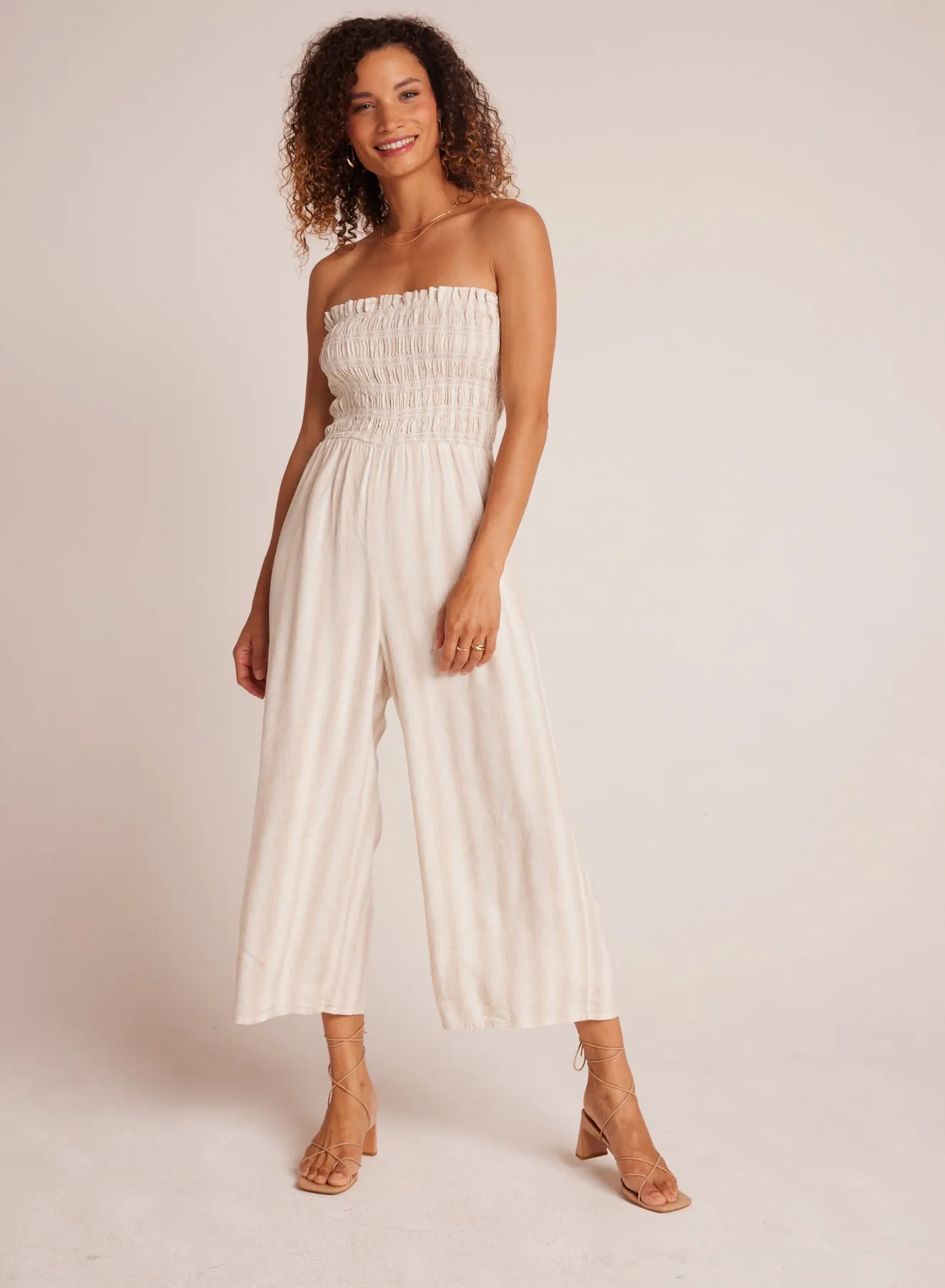 Smocked Strapless Jumpsuit - Playa Sand Stripe