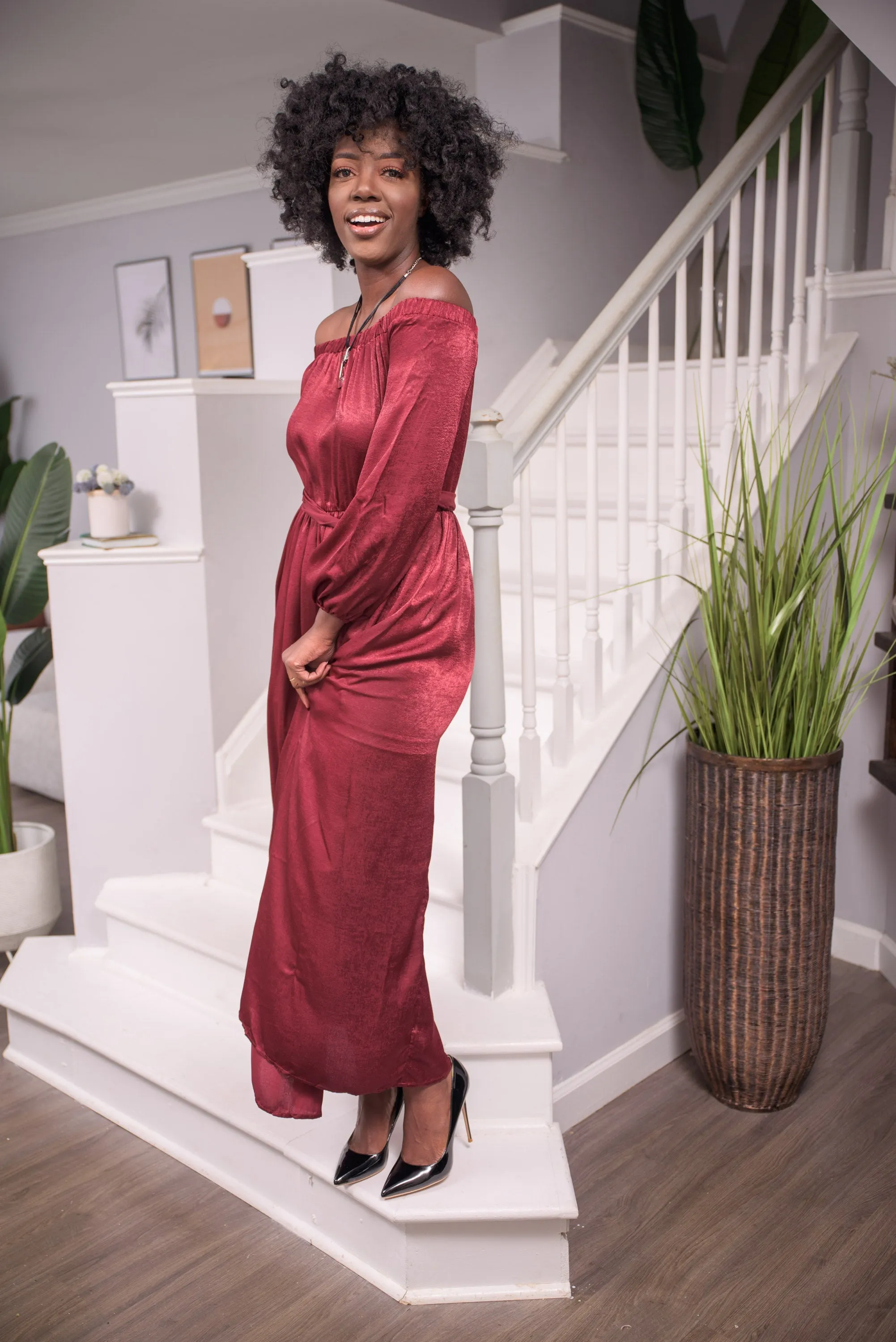 Spiced Wine Off Shoulder Maxi Dress