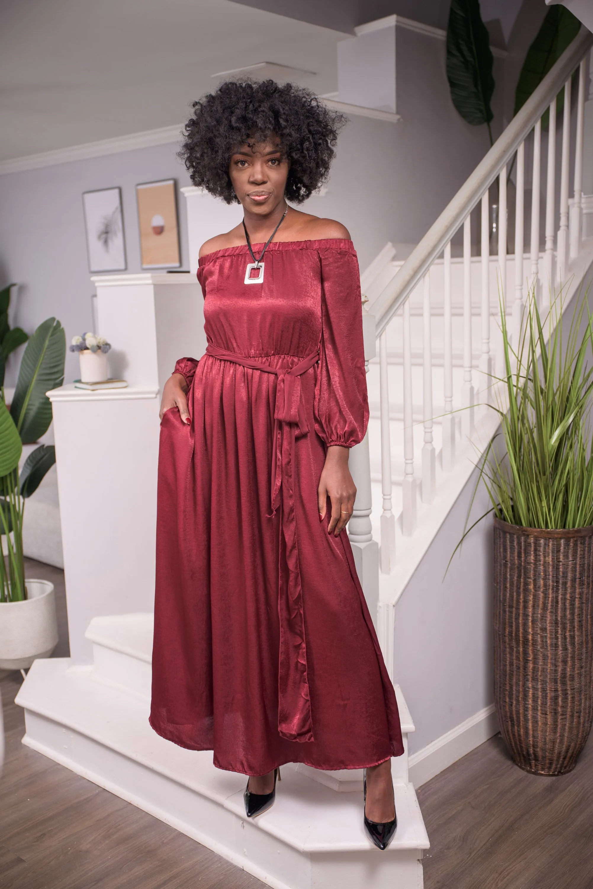 Spiced Wine Off Shoulder Maxi Dress