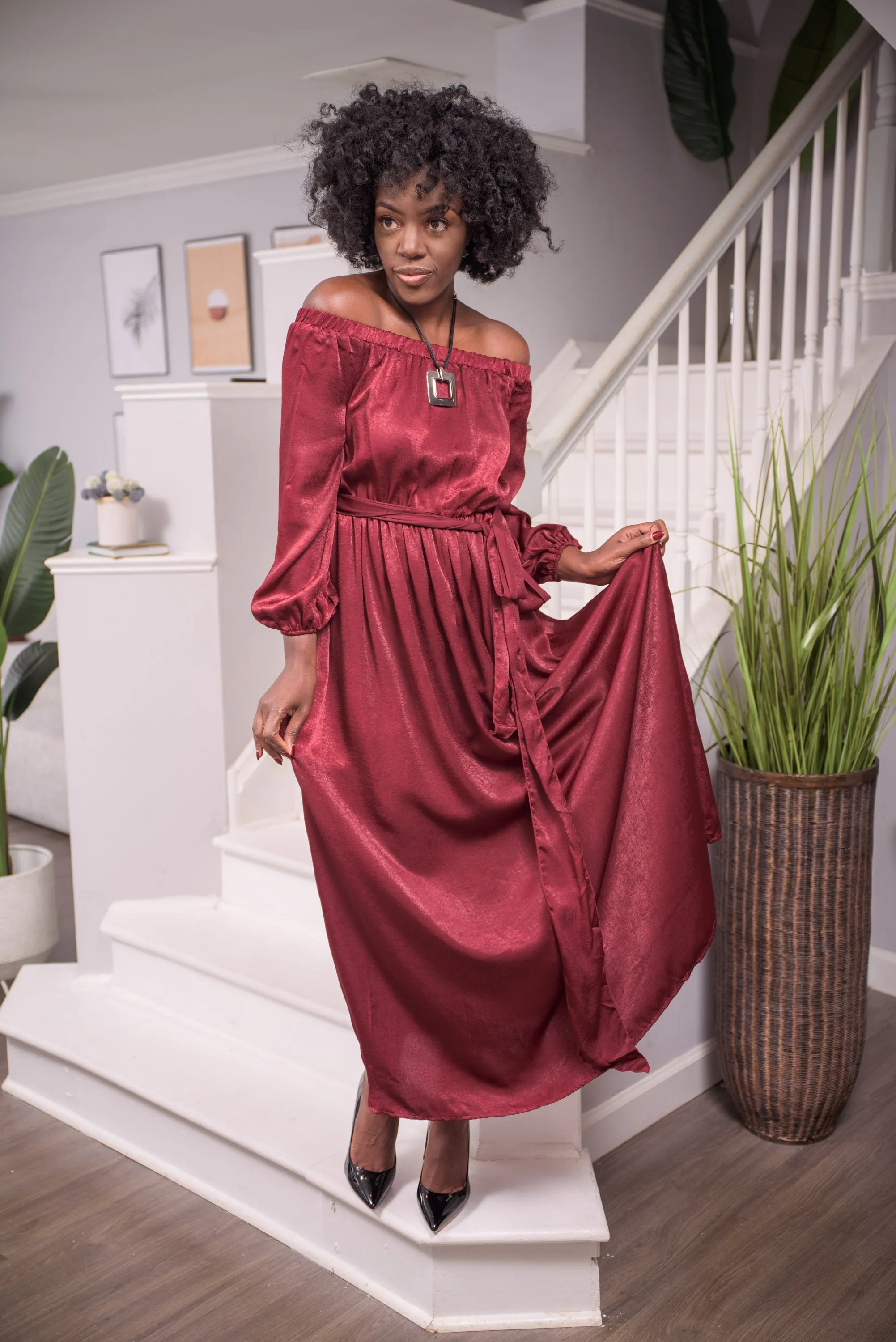 Spiced Wine Off Shoulder Maxi Dress