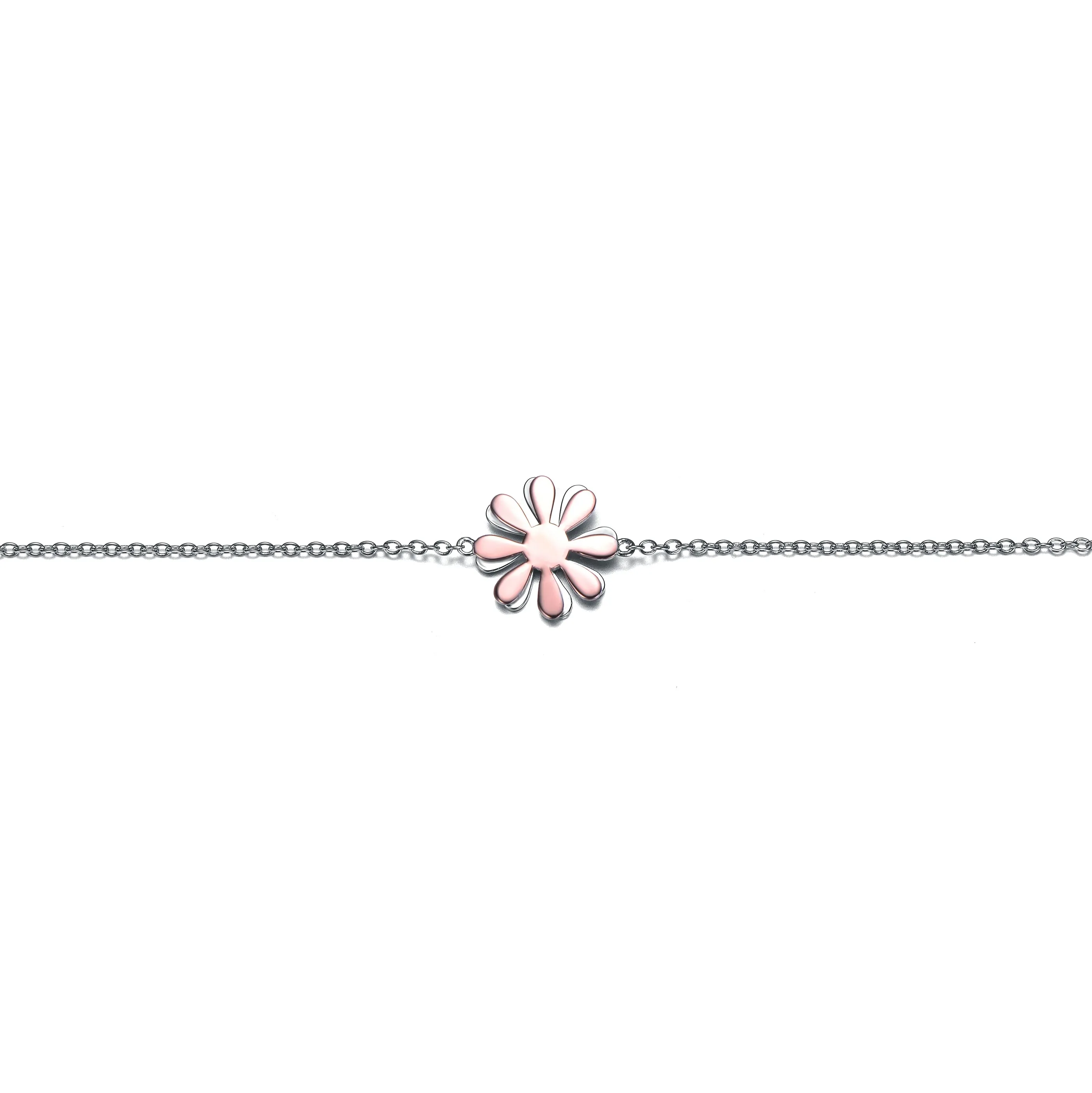 Sterling Silver 18k Rose Gold Plated Daisy Flower Charm Anklet, Adjustable Length