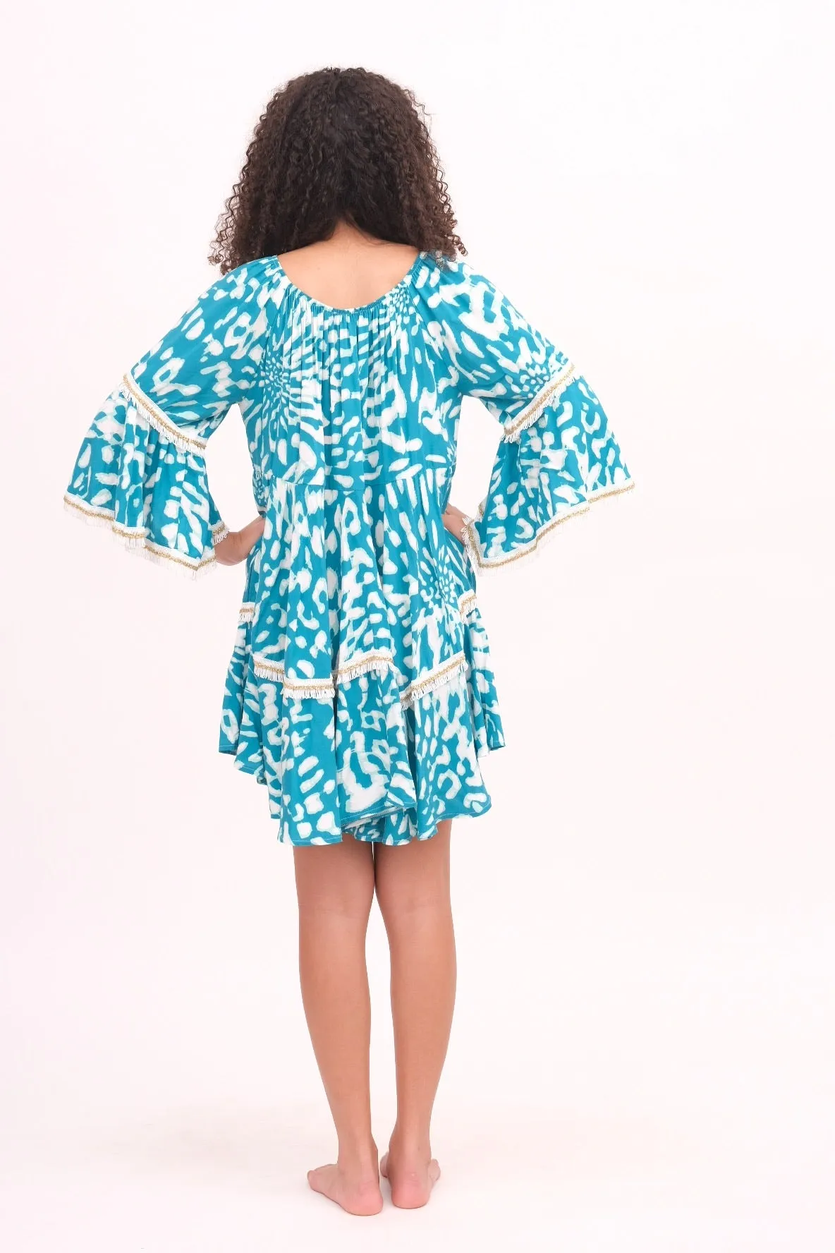 Teal & White Fringe Cover Up Dress