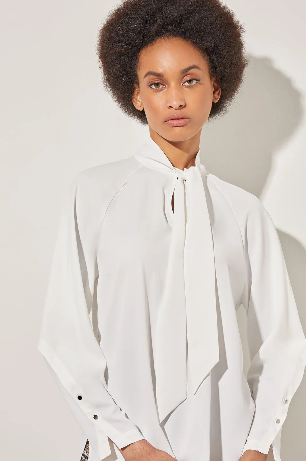 Tie V-Neck Blouse - Raglan Sleeve Crepe de Chine