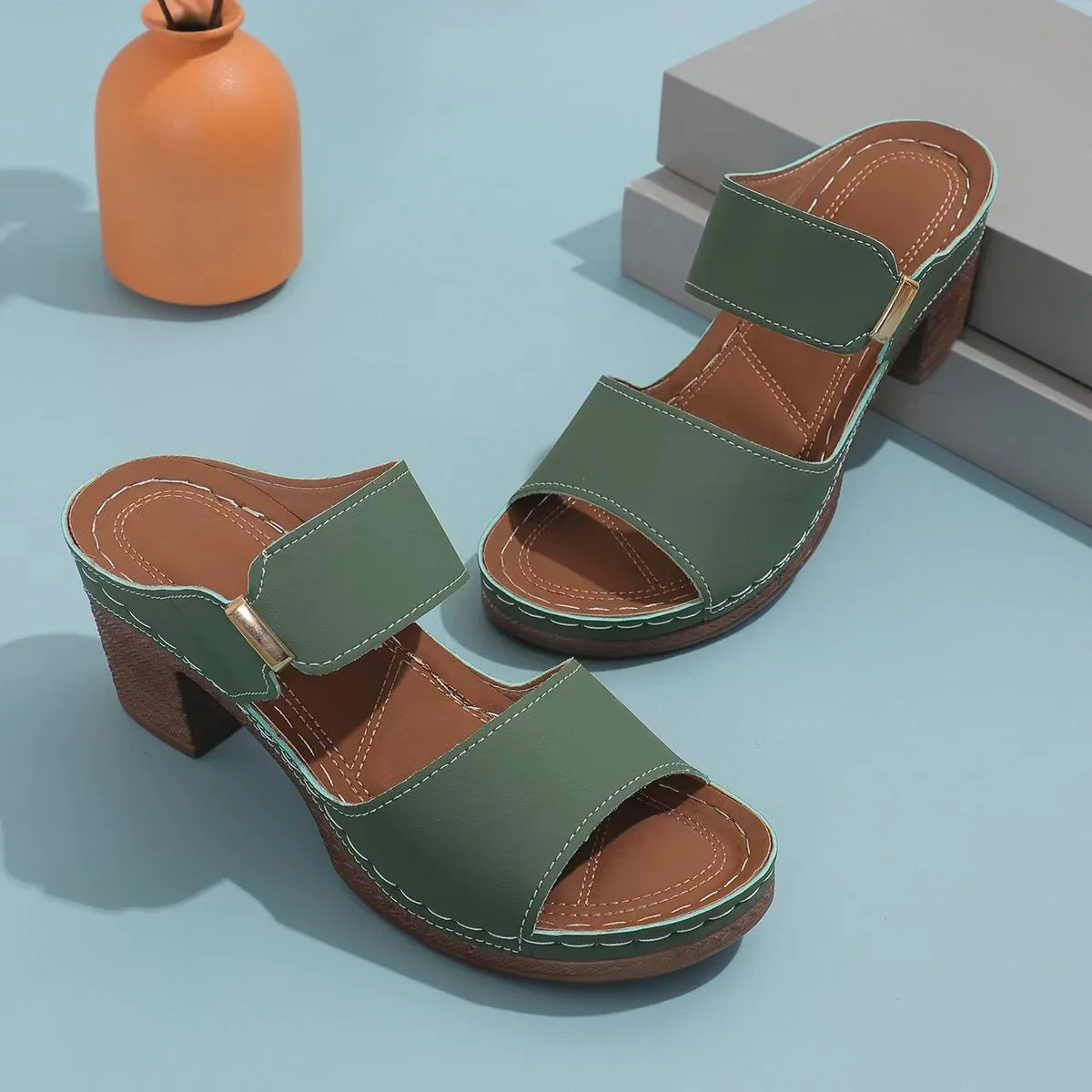 Vegan Leather Block Heel Sandals