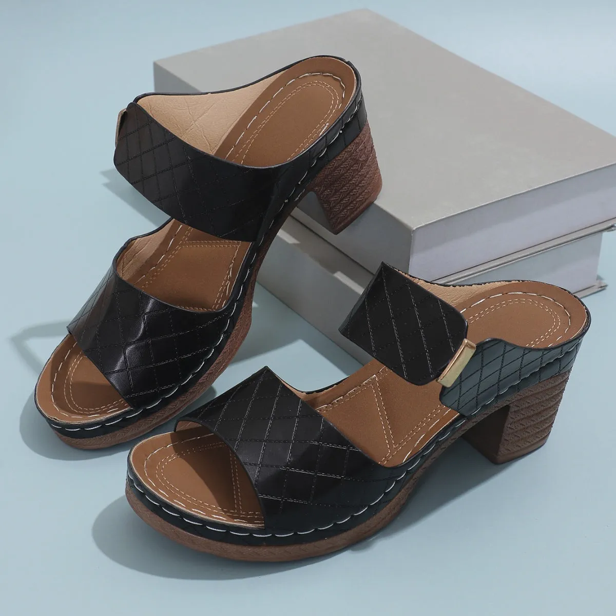 Vegan Leather Block Heel Sandals