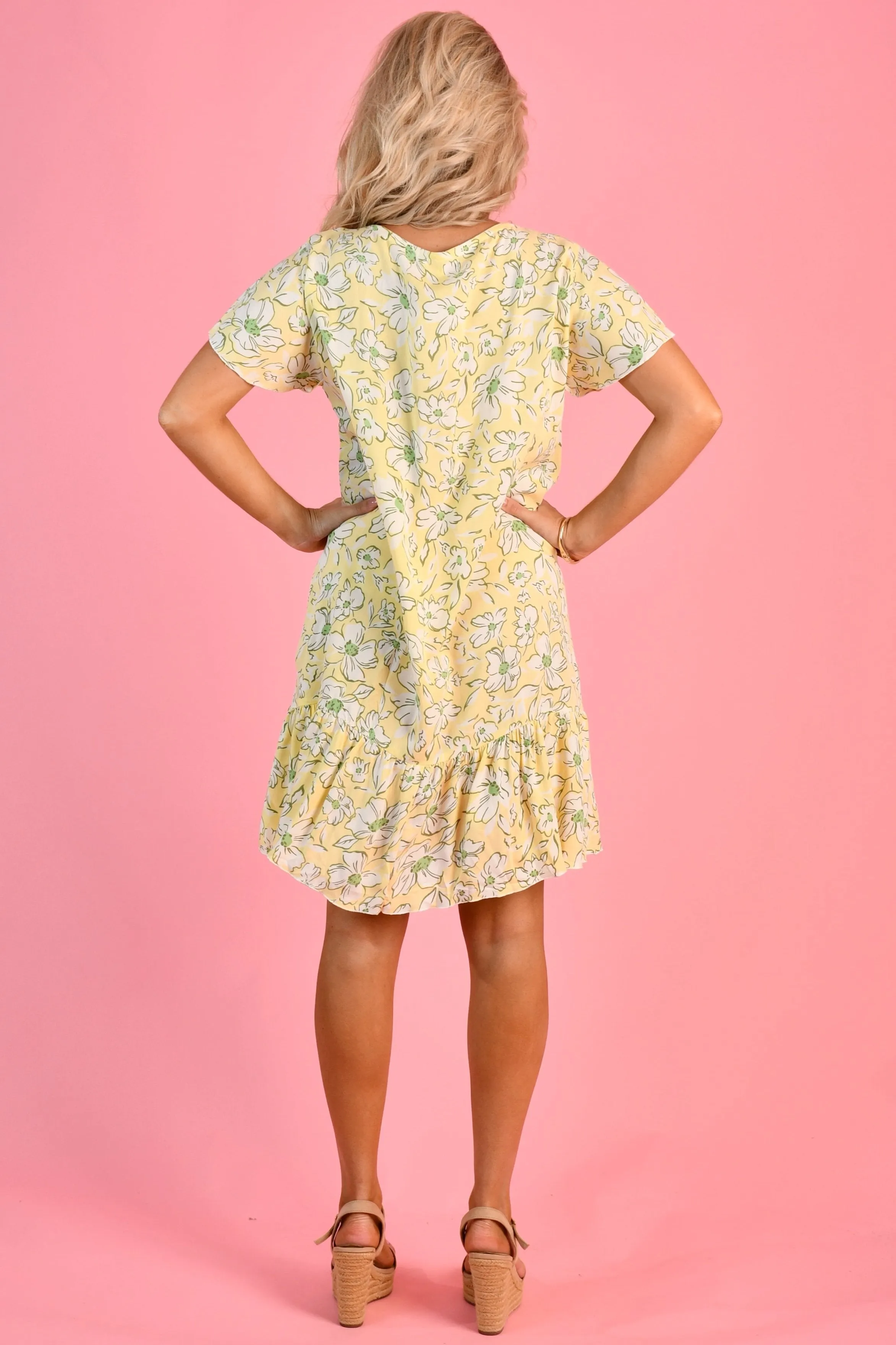 VGLD219 - CAP SLEEVE BUTTON DRESS - DAISY SUNSHINE