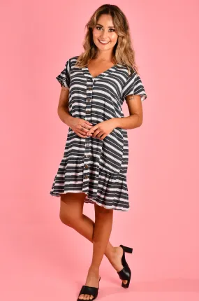 VGLD219 - CAP SLEEVE BUTTON DRESS - SAILOR STRIPE BLACK