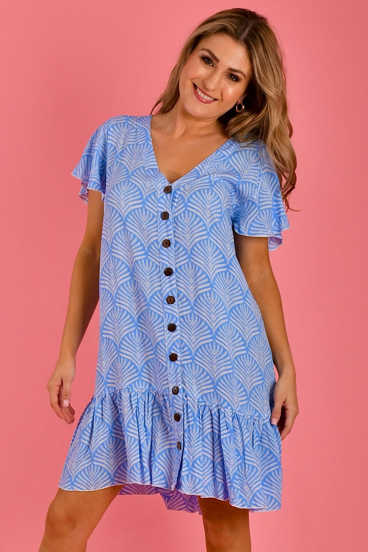 VGLD219 - CAP SLEEVE BUTTON DRESS - SCALLOP FERN BLUE