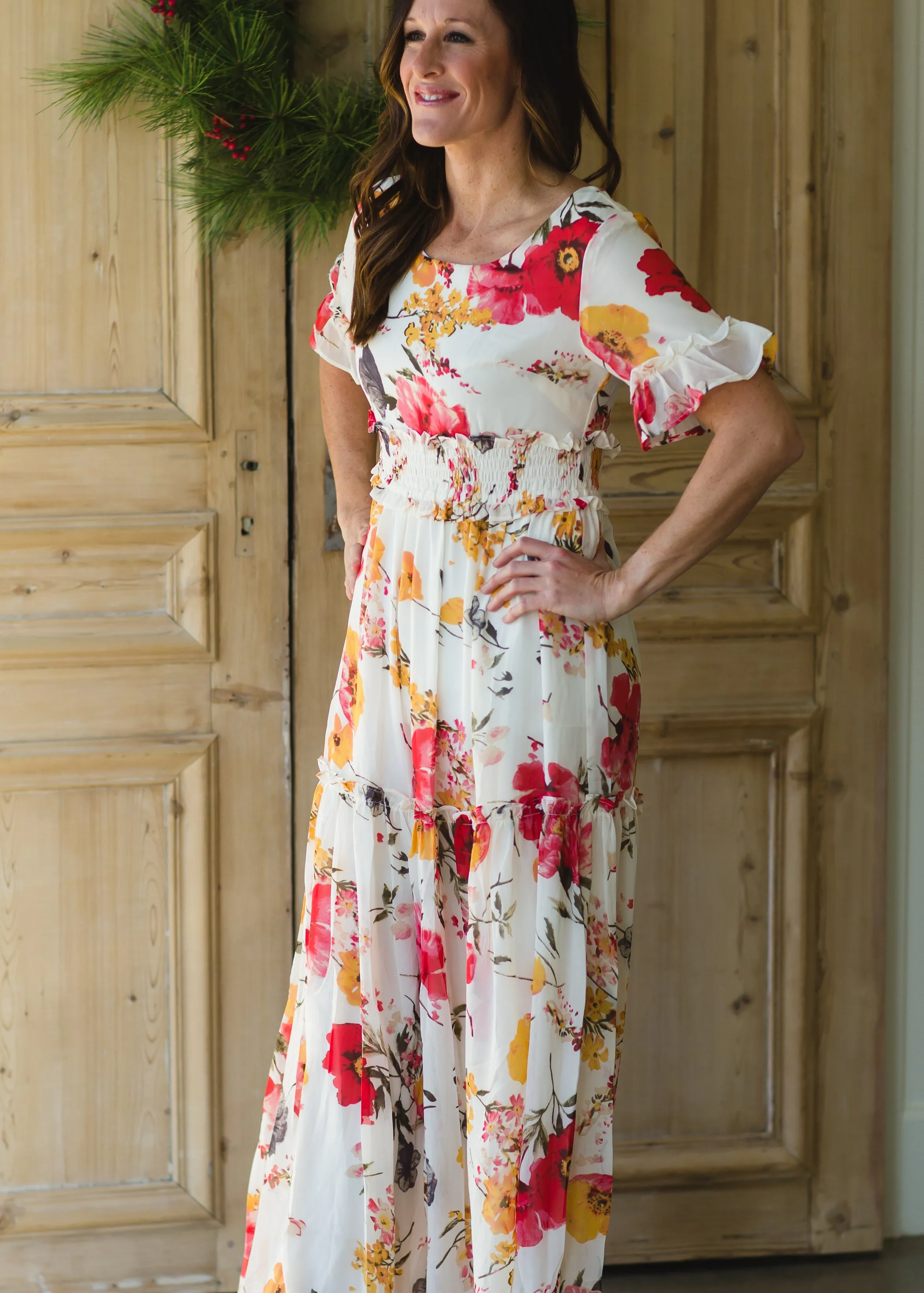 White Ruffle Floral Maxi Dress