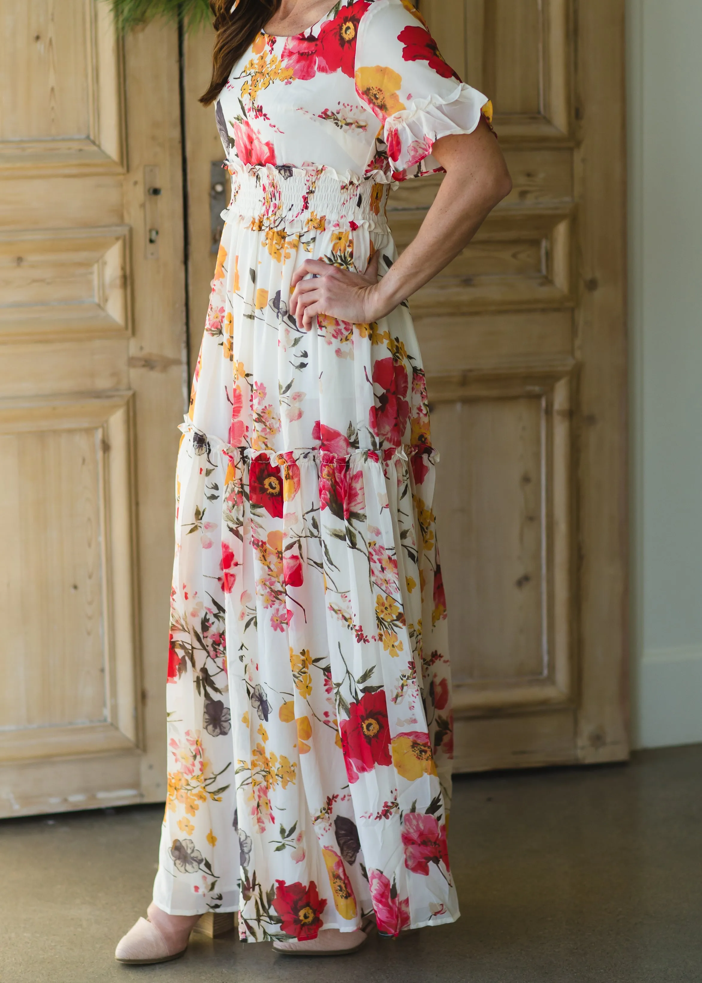 White Ruffle Floral Maxi Dress