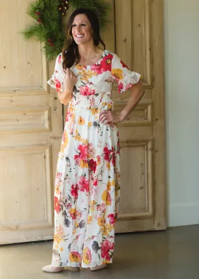 White Ruffle Floral Maxi Dress