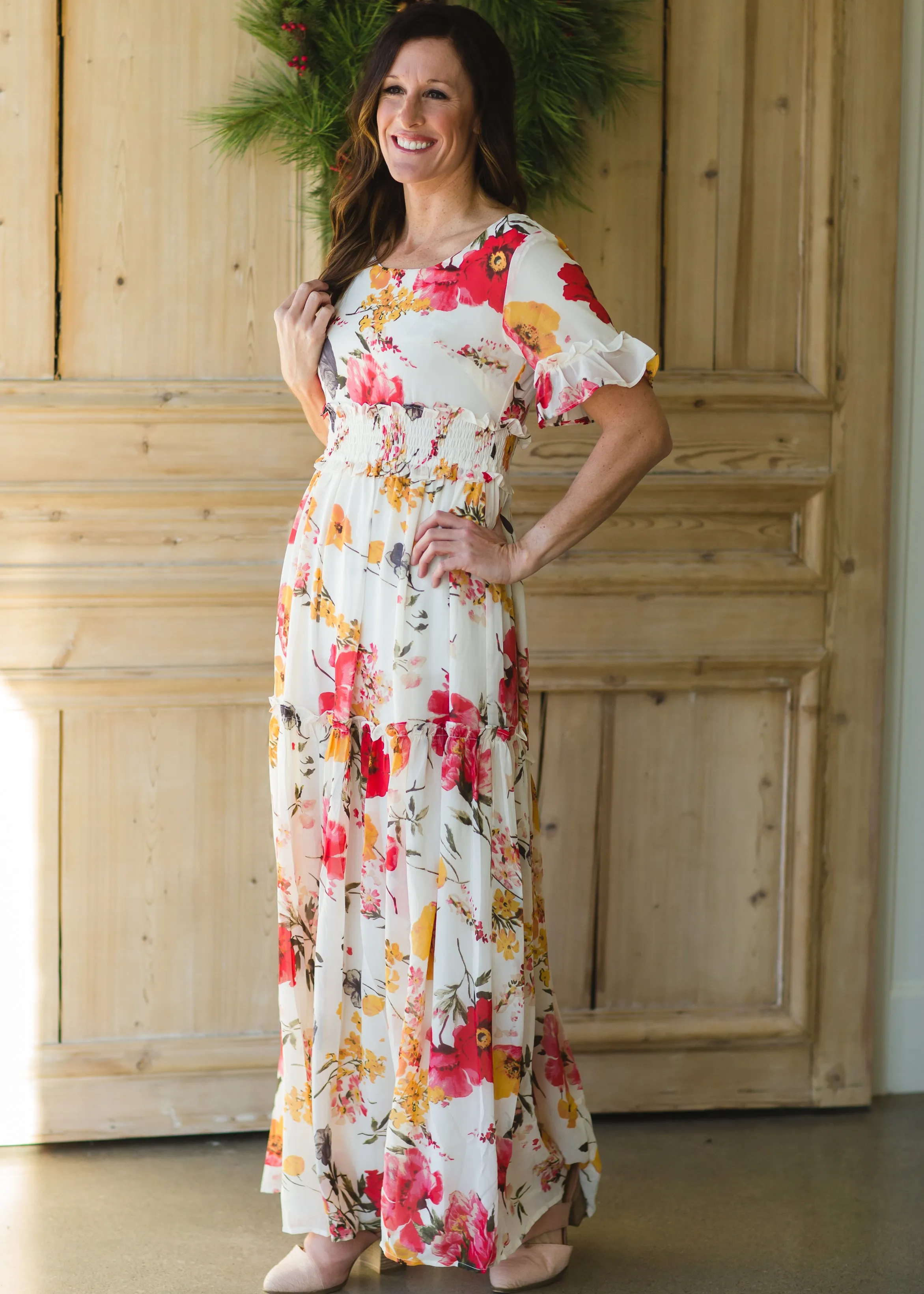 White Ruffle Floral Maxi Dress