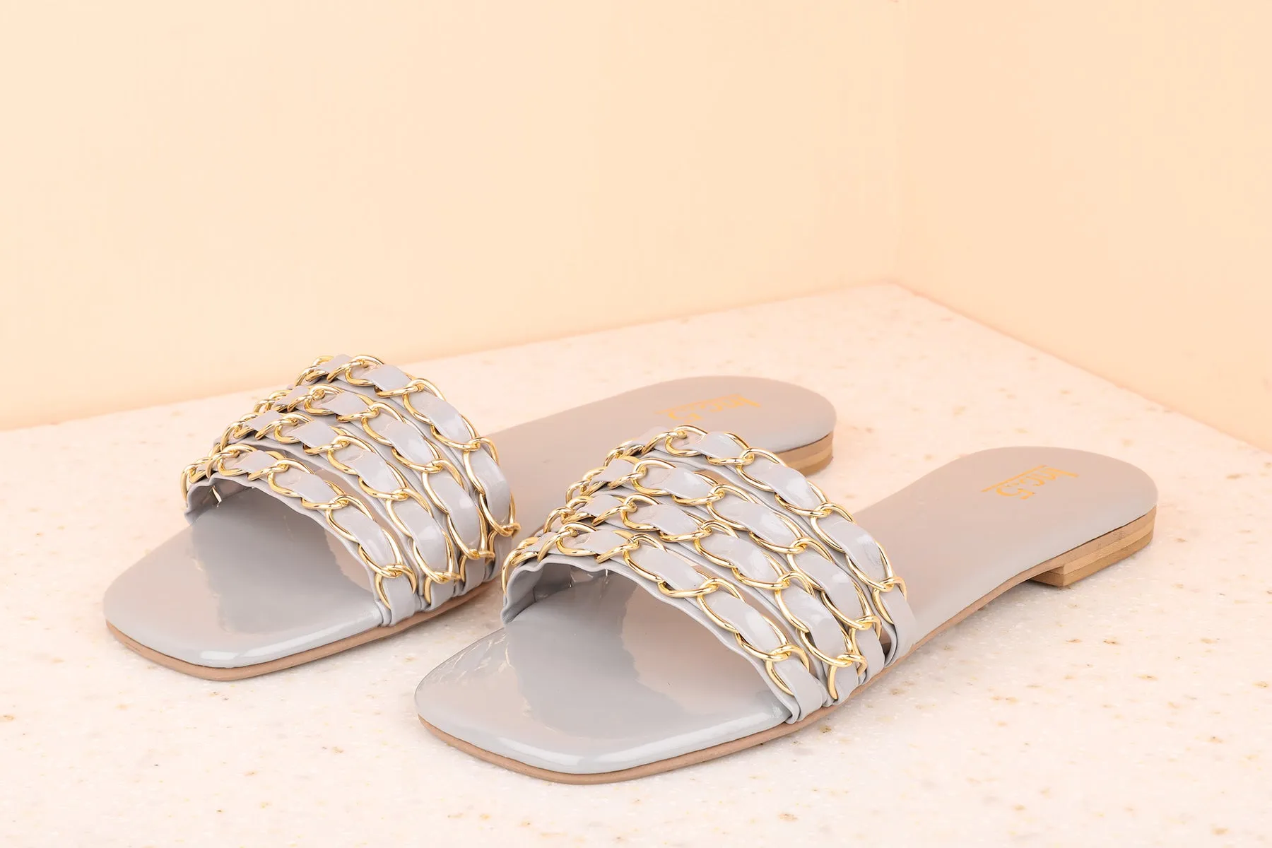 Women Grey Embellished Open Toe Flats