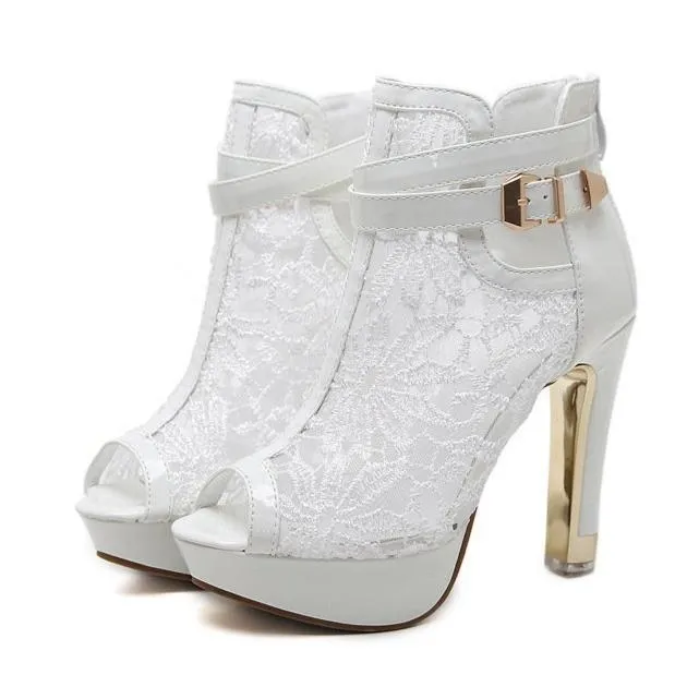 Women hollow floral lace peep toe platform buckle strap high heels