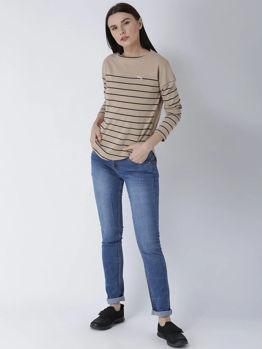 Women Round Neck Beige T-shirt