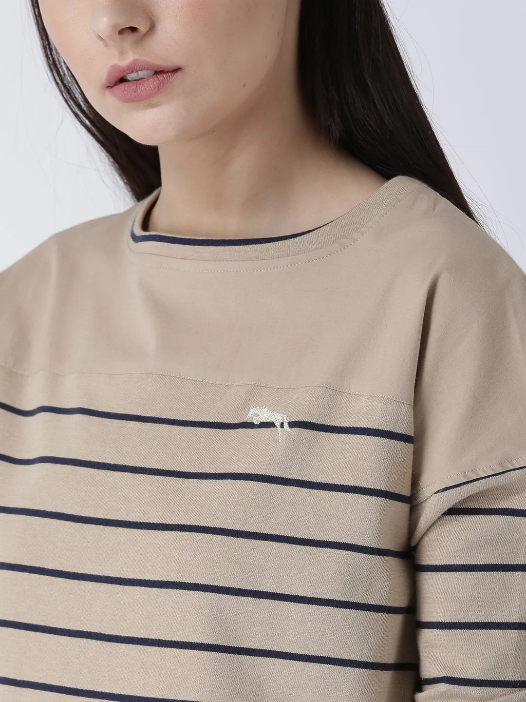 Women Round Neck Beige T-shirt