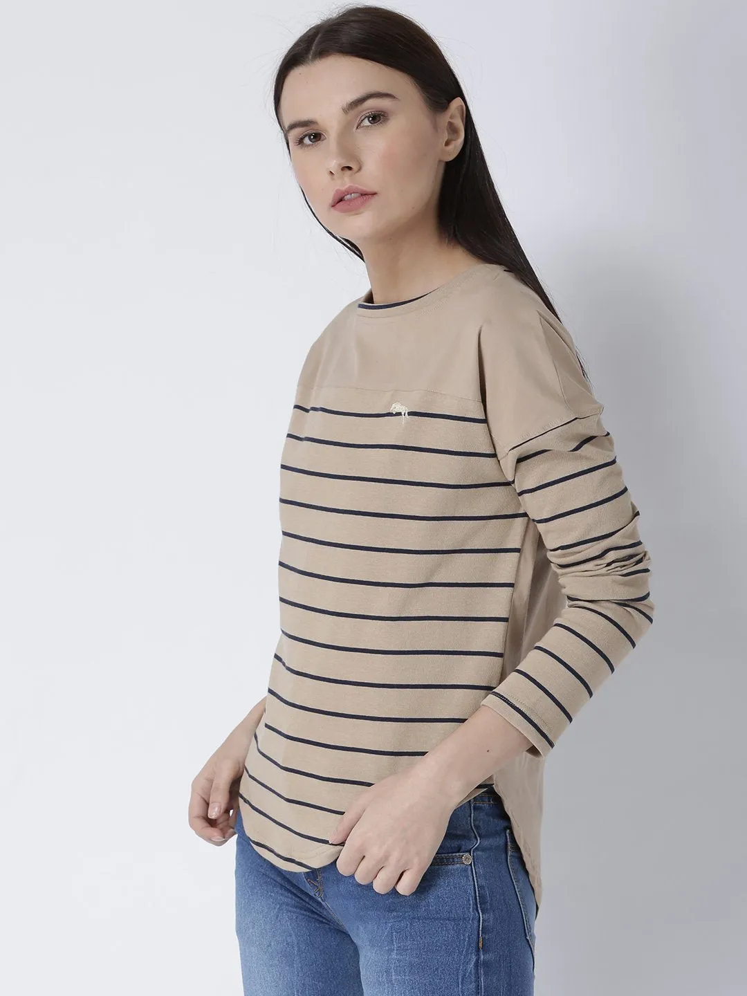 Women Round Neck Beige T-shirt