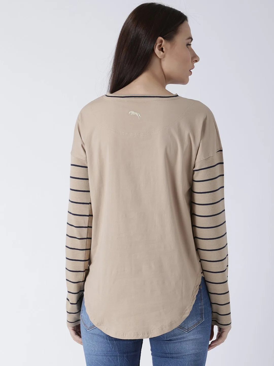 Women Round Neck Beige T-shirt