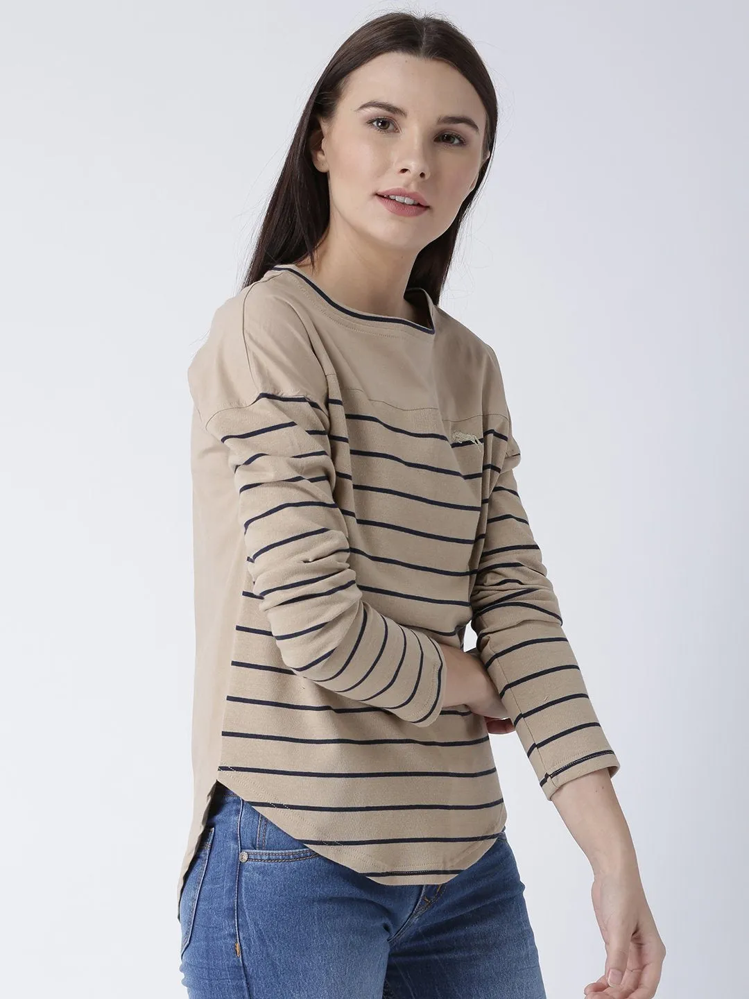 Women Round Neck Beige T-shirt