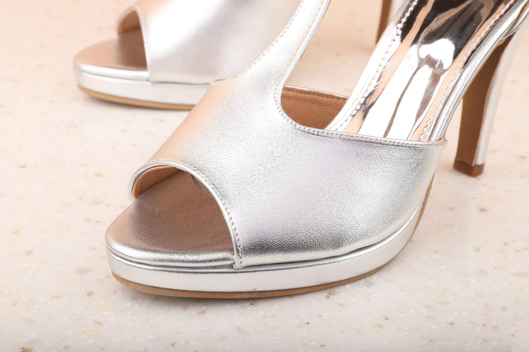 Women Silver Party Stiletto Peep Toes