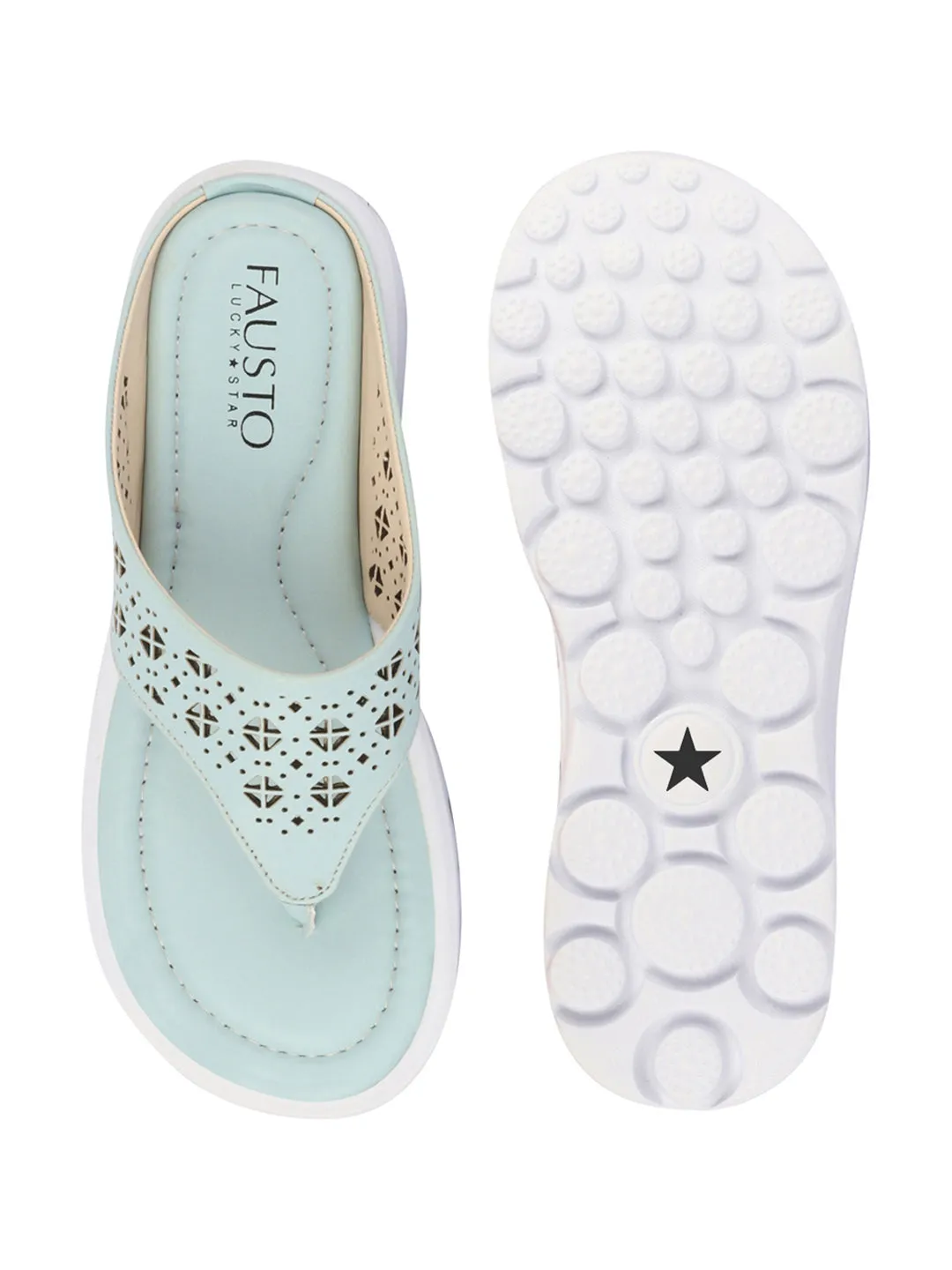 Women Sky Blue Party Fashion Stylish Laser Cut Design Strap Thong Flats Wedges Slipper